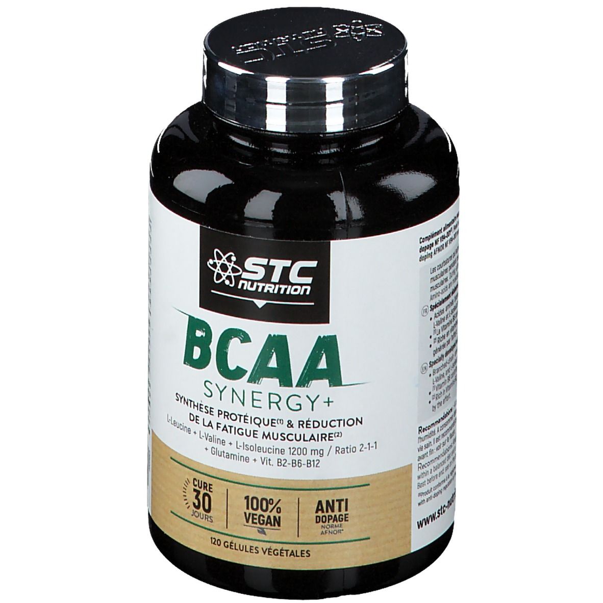 Gélules BCAA Synergie+ STC Nutrition en pot foncé. Contient 120 gélules végétales.