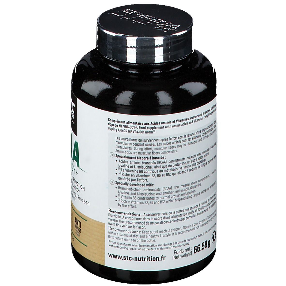 Arrière d'un pot de gélules BCAA Synergie+ STC Nutrition. Informations sur les ingrédients et l'utilisation.