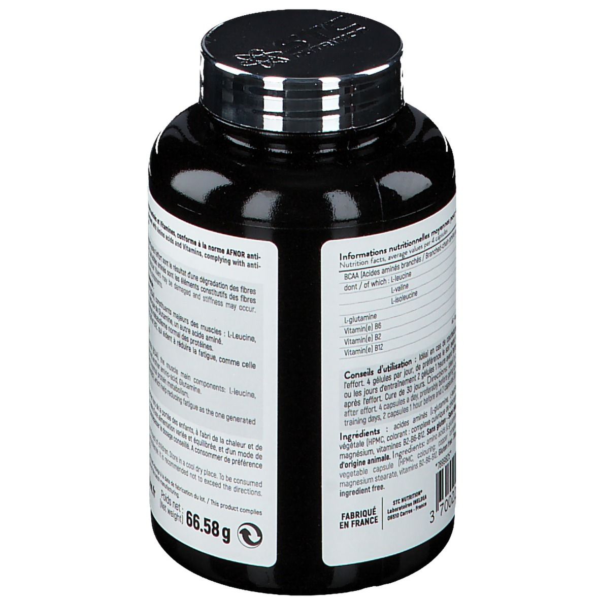 Arrière d'un pot de gélules BCAA Synergie+ STC Nutrition. Contient 66.58g.