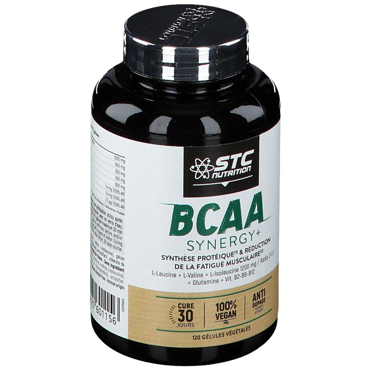 Vue latérale d'un pot de gélules BCAA Synergie+ STC Nutrition. Contient 120 gélules végétales.