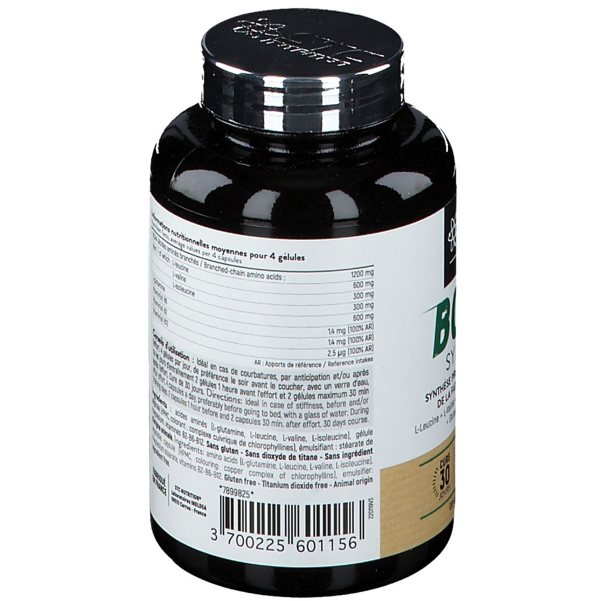 Gélules BCAA Synergie+ STC Nutrition en pot foncé. Contient 120 gélules végétales.