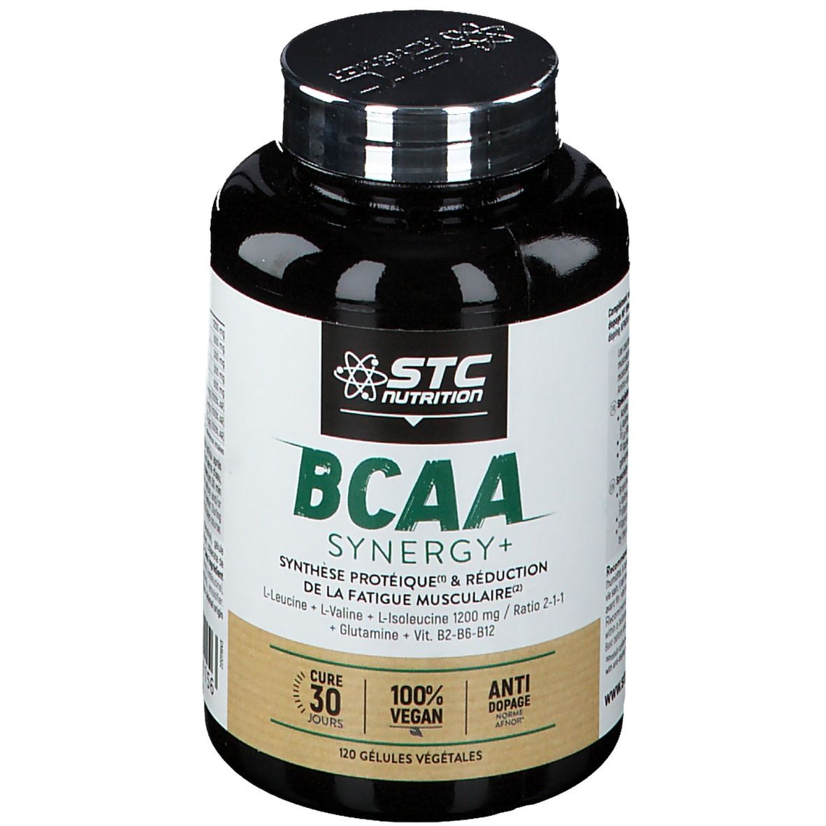 Gélules BCAA Synergie+ STC Nutrition en pot foncé. Contient 120 gélules végétales.