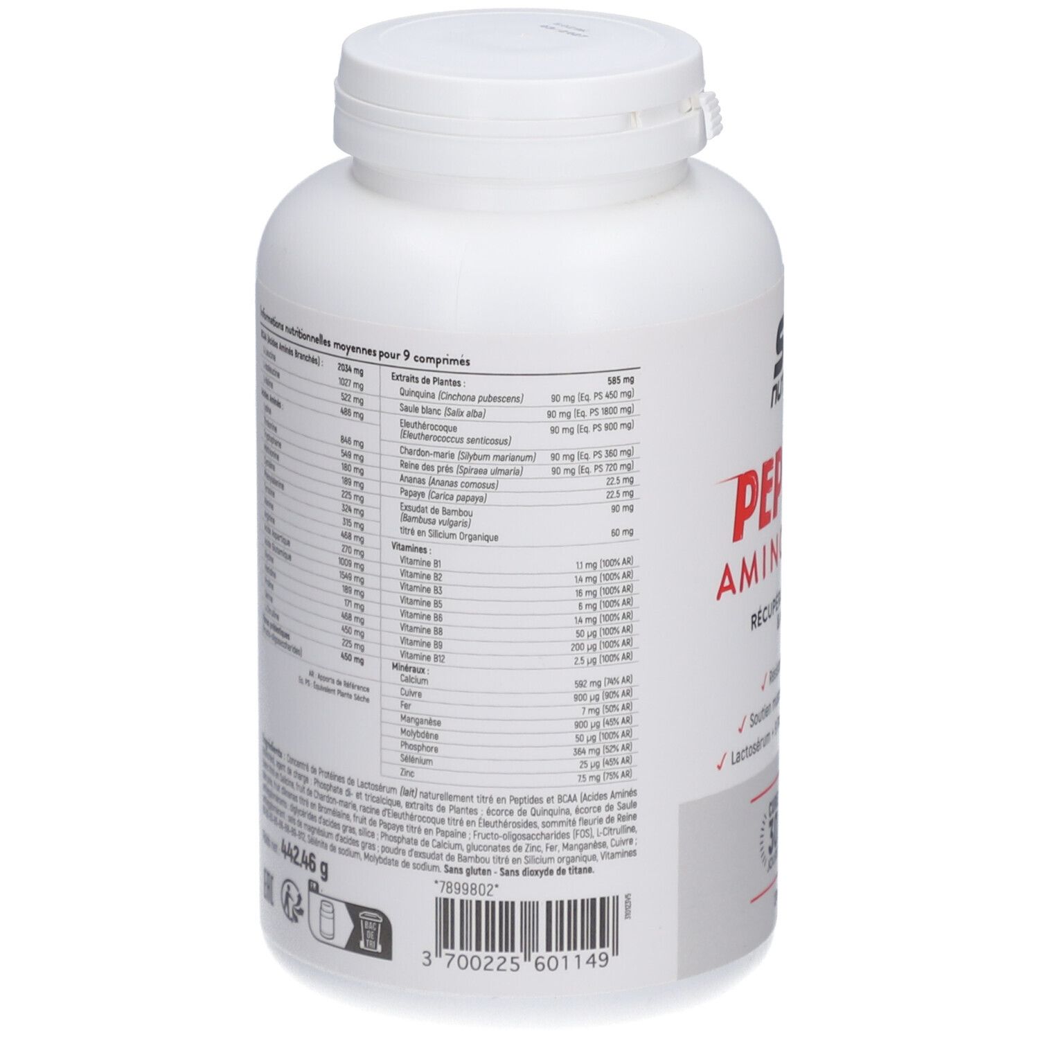 Arrière d'un pot blanc STC NUTRITION Peptides Aminosports, informations nutritionnelles.