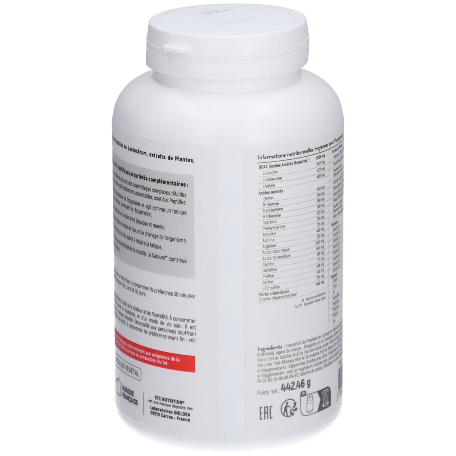 Arrière d'un pot blanc STC NUTRITION Peptides Aminosports, ingrédients.