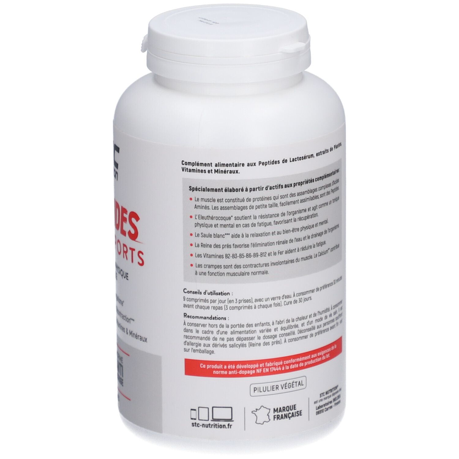 Arrière d'un pot blanc STC NUTRITION Peptides Aminosports, conseils d'utilisation.