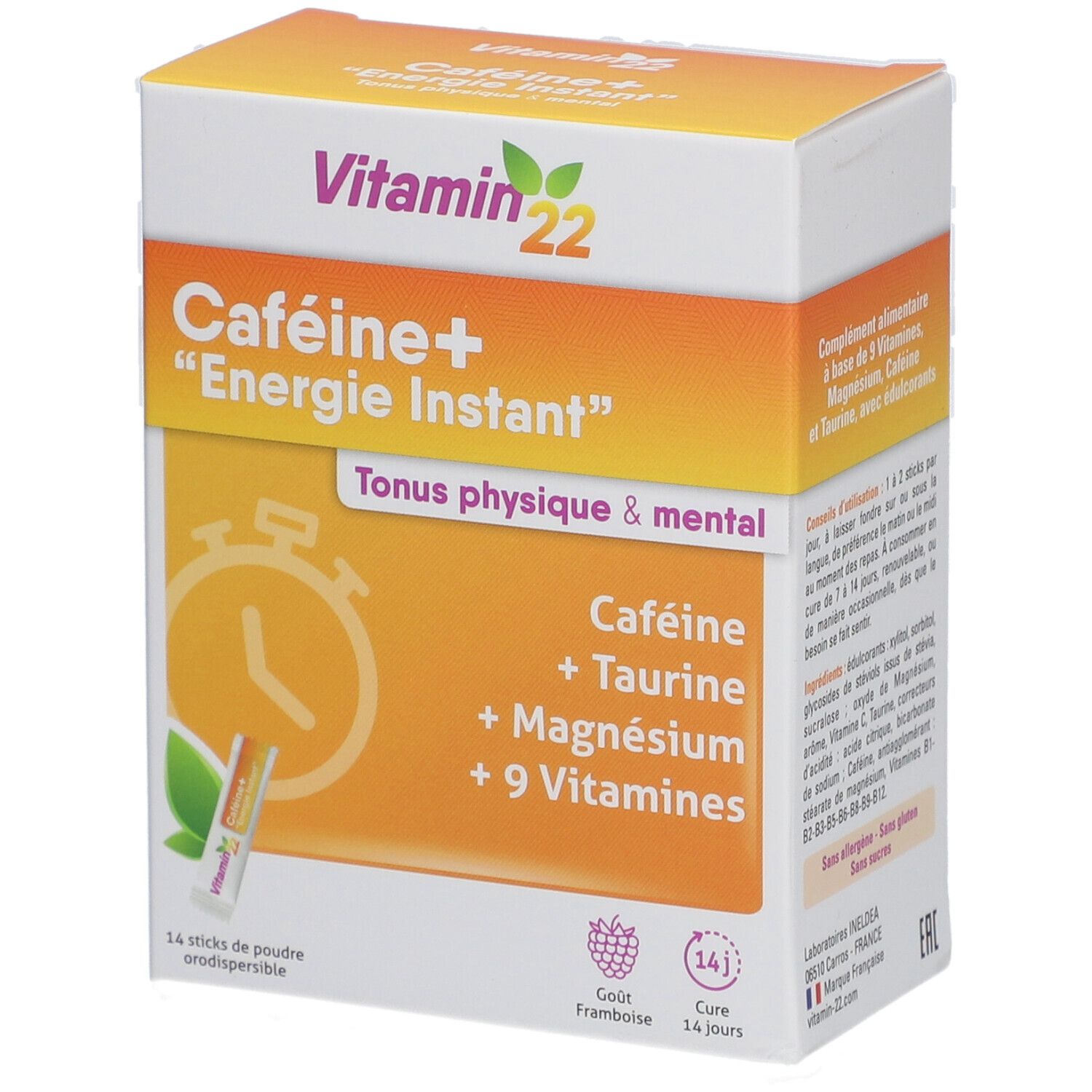 Boîte Vitamin 22 Caféine+ Energie Instant. Contient caféine, taurine, magnésium et vitamines. Goût framboise, cure 14 jours. 14 sticks.