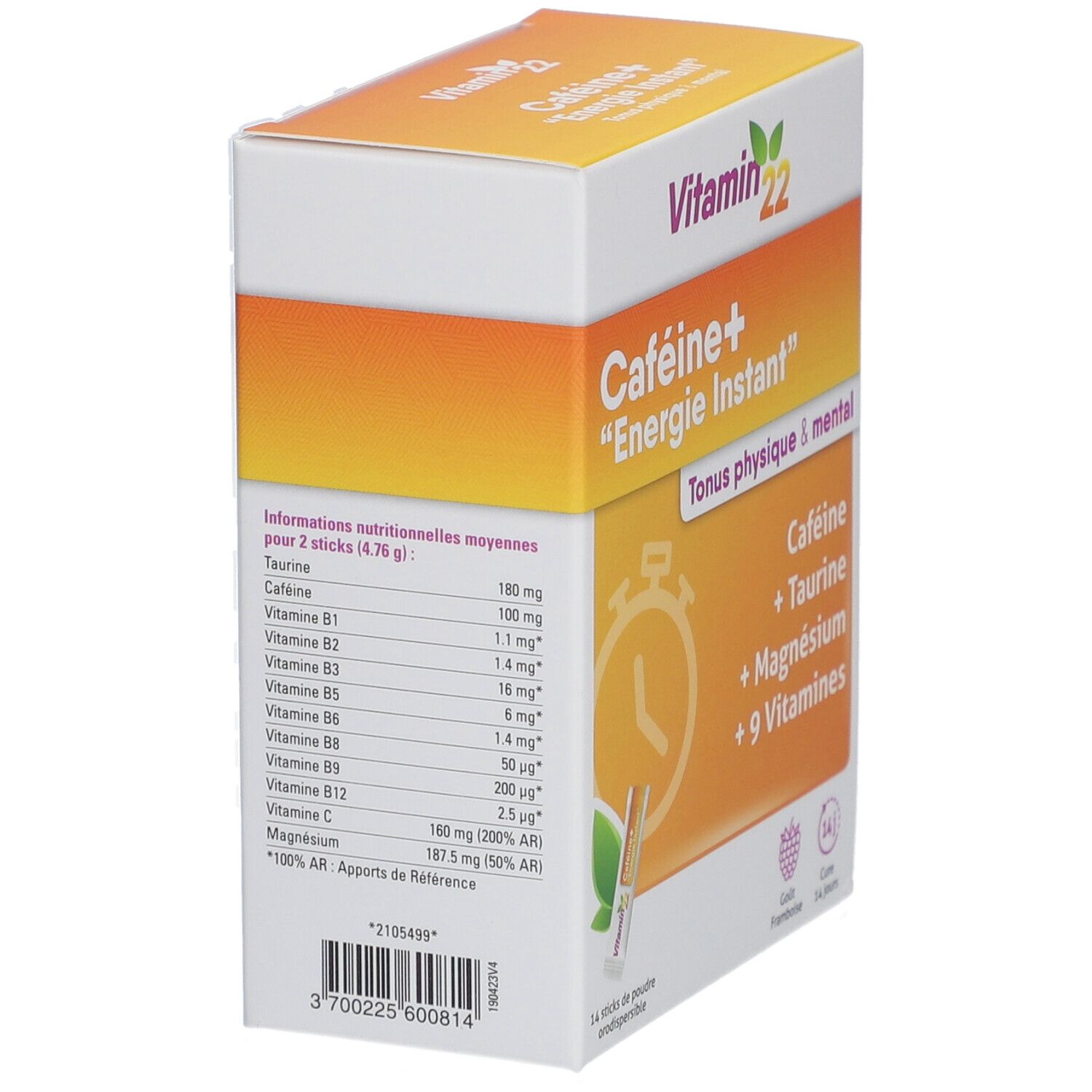 Boîte Vitamin 22 Caféine+ Energie Instant. Contient caféine, taurine, magnésium et vitamines. Informations nutritionnelles sur le côté.