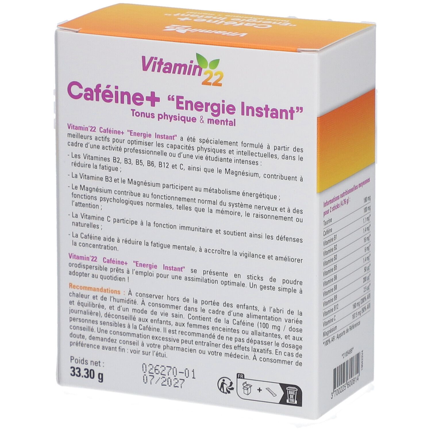 Boîte Vitamin 22 Caféine+ Energie Instant. Contient caféine, taurine, magnésium et vitamines. Texte sur les ingrédients et l'utilisation.