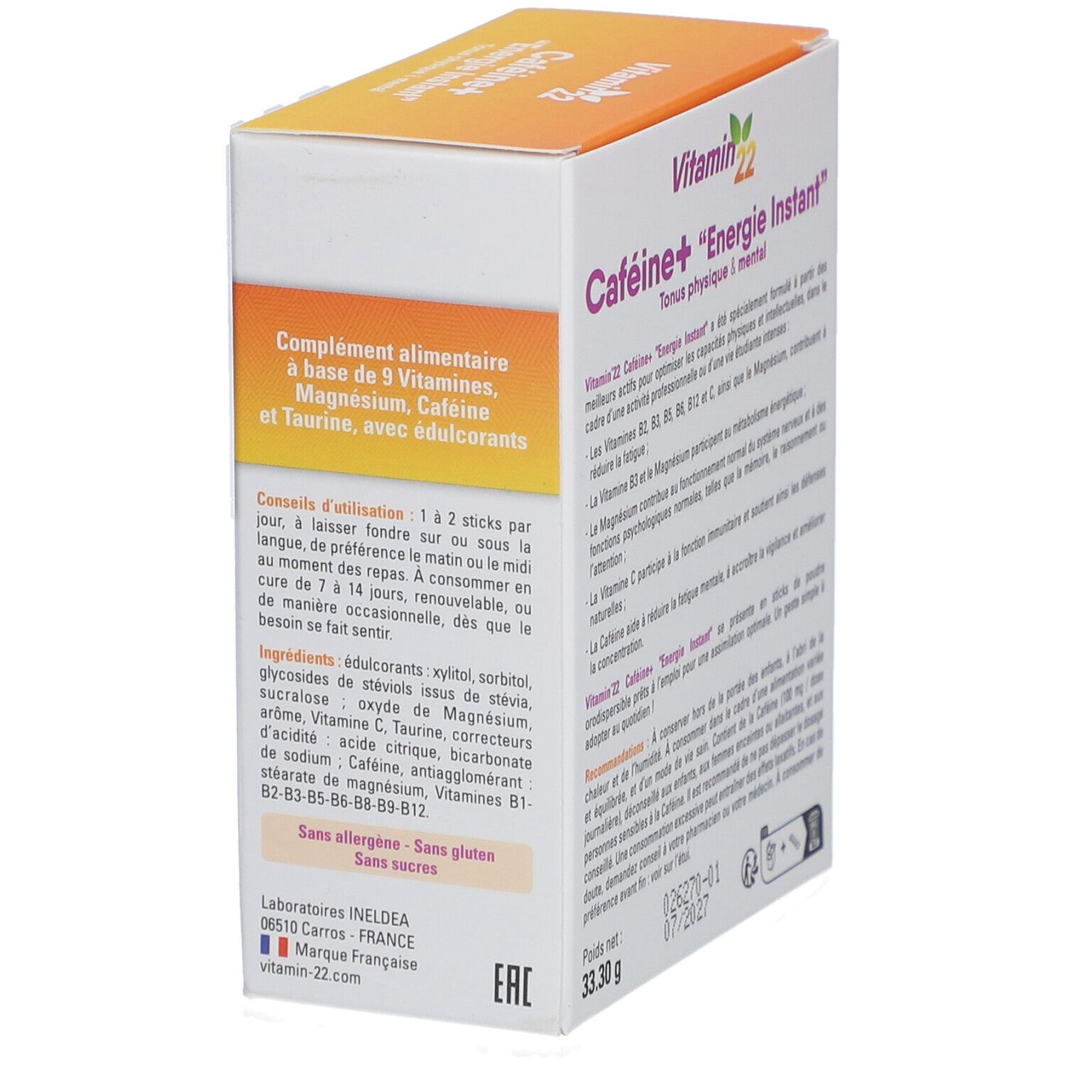 Boîte Vitamin 22 Caféine+ Energie Instant. Contient caféine, taurine, magnésium et vitamines. Instructions et ingrédients.