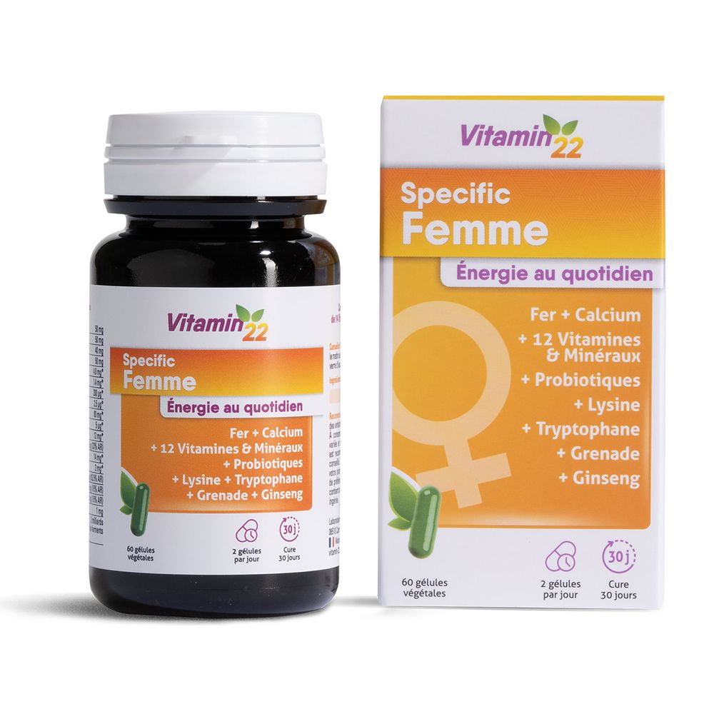 Vitamin 22 Specific Femme. Flacon et boîte. Contient 60 gélules. Ingrédients : fer, calcium, vitamines et minéraux.