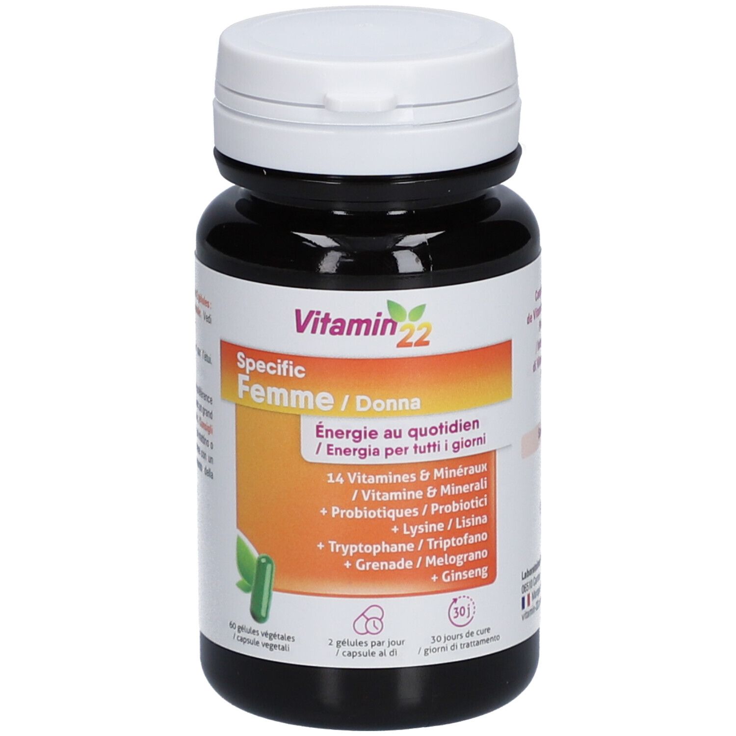 Vitamin 22 Specific Femme. Flacon brun, bouchon blanc. Contient 60 gélules. Vitamines, minéraux et probiotiques.