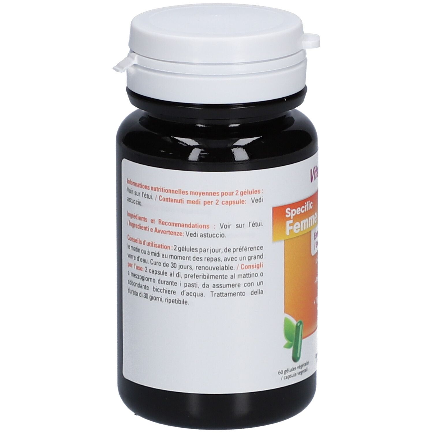 Vitamin 22 Specific Femme. Dos du flacon. Contient 60 gélules. Vitamines, minéraux, probiotiques et acides aminés.