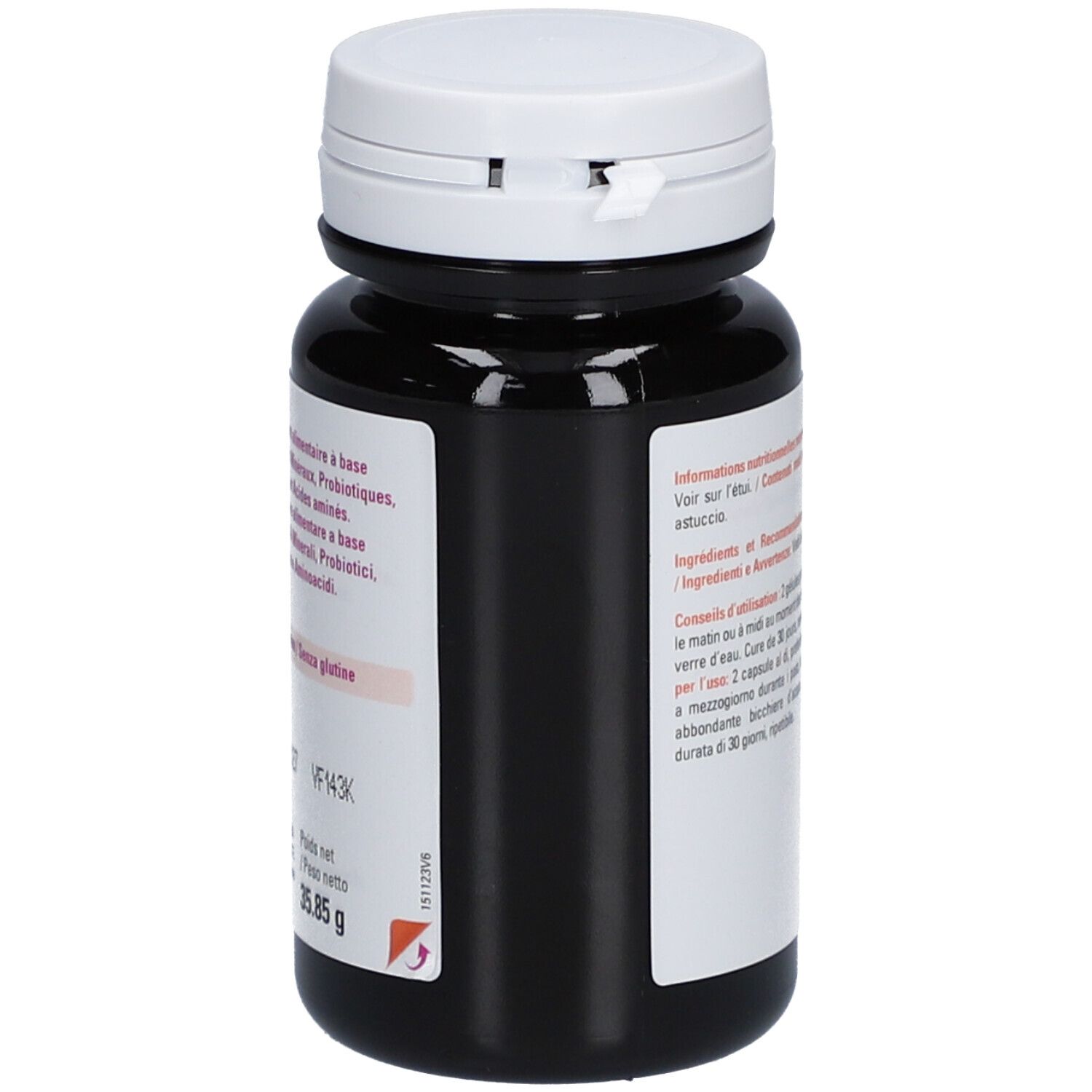 Vitamin 22 Specific Femme. Dos du flacon. Contient 60 gélules. Vitamines, minéraux, probiotiques et acides aminés.