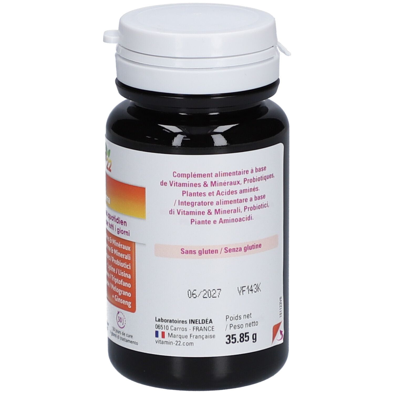 Vitamin 22 Specific Femme. Dos du flacon. Contient 60 gélules. Vitamines, minéraux, probiotiques et acides aminés.