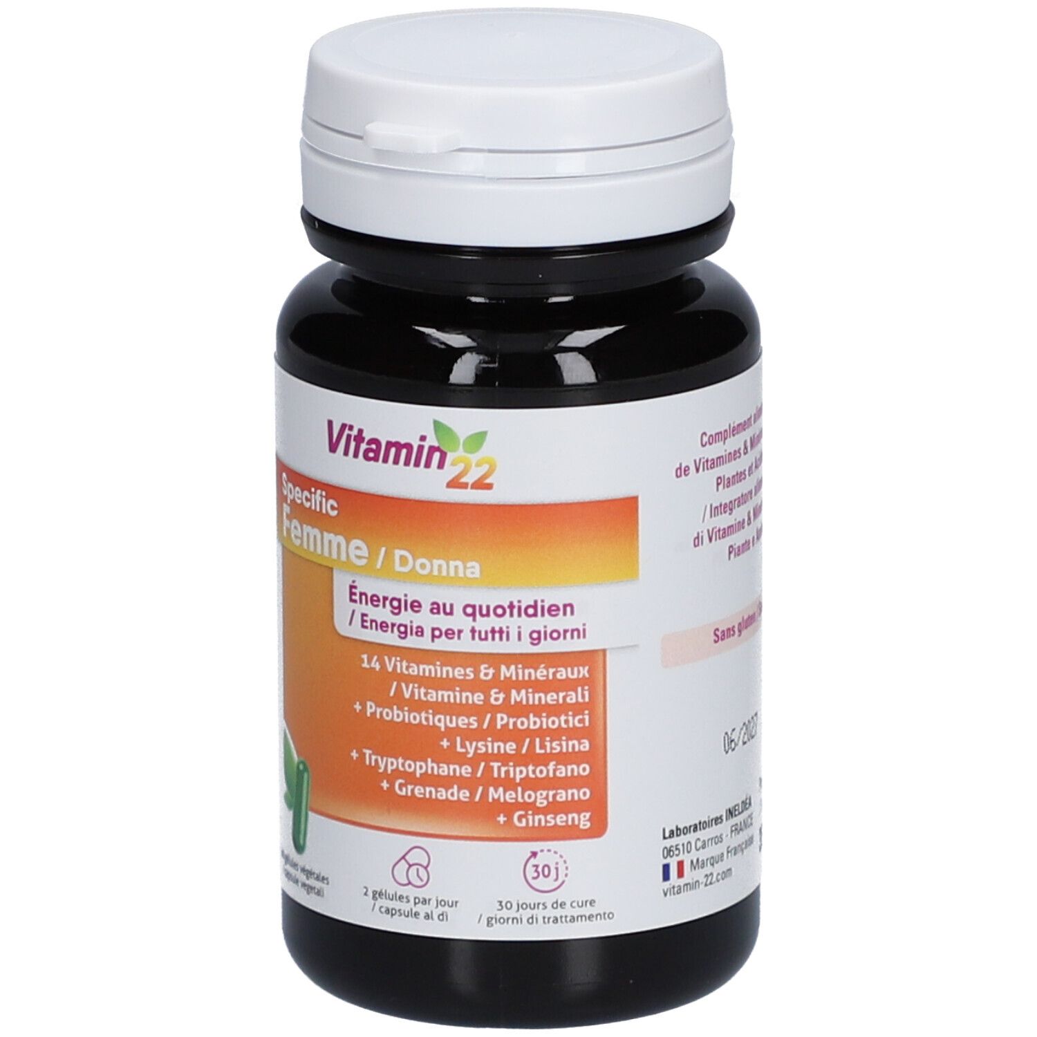Vitamin 22 Specific Femme. Flacon brun, bouchon blanc. Contient 60 gélules. Vitamines, minéraux et probiotiques.