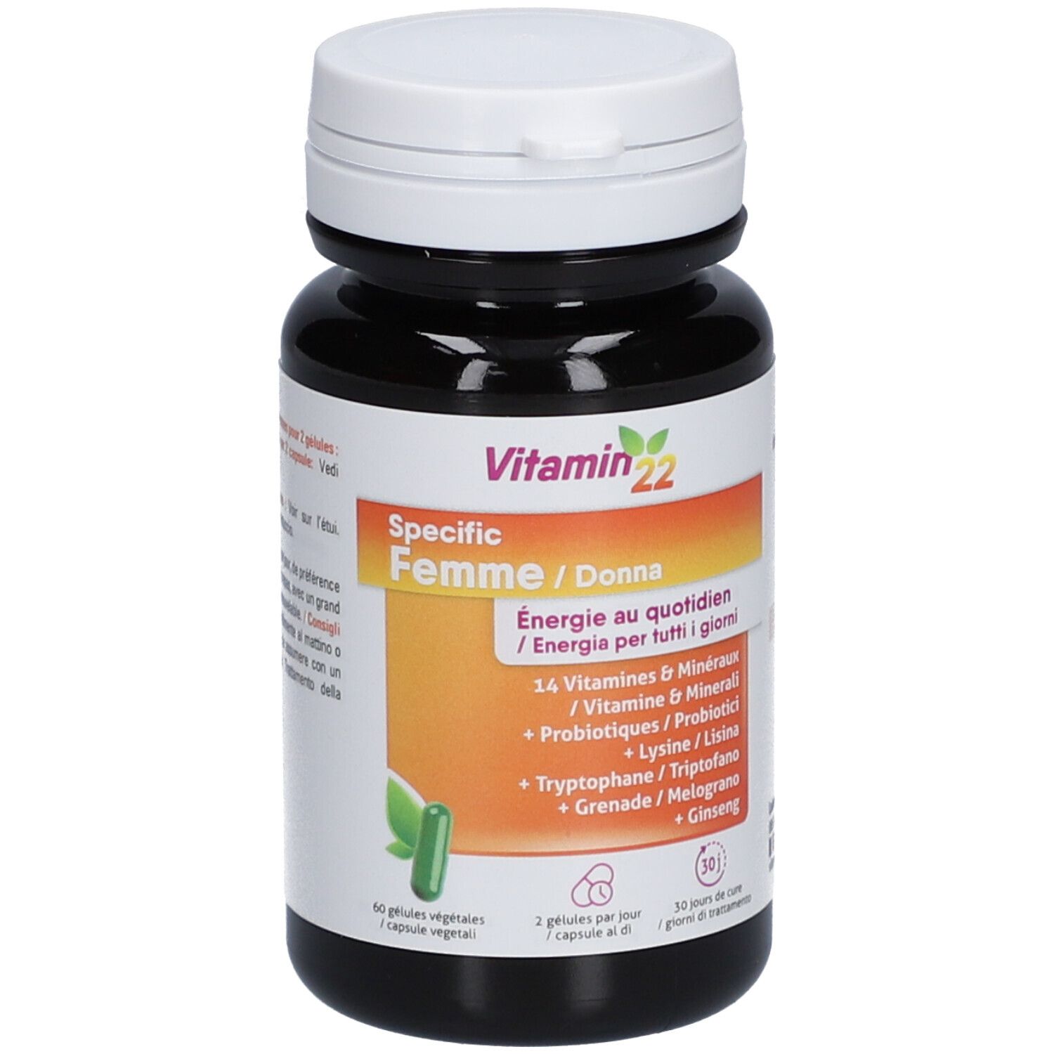 Vitamin 22 Specific Femme. Flacon brun, bouchon blanc. Contient 60 gélules. Vitamines, minéraux et probiotiques.
