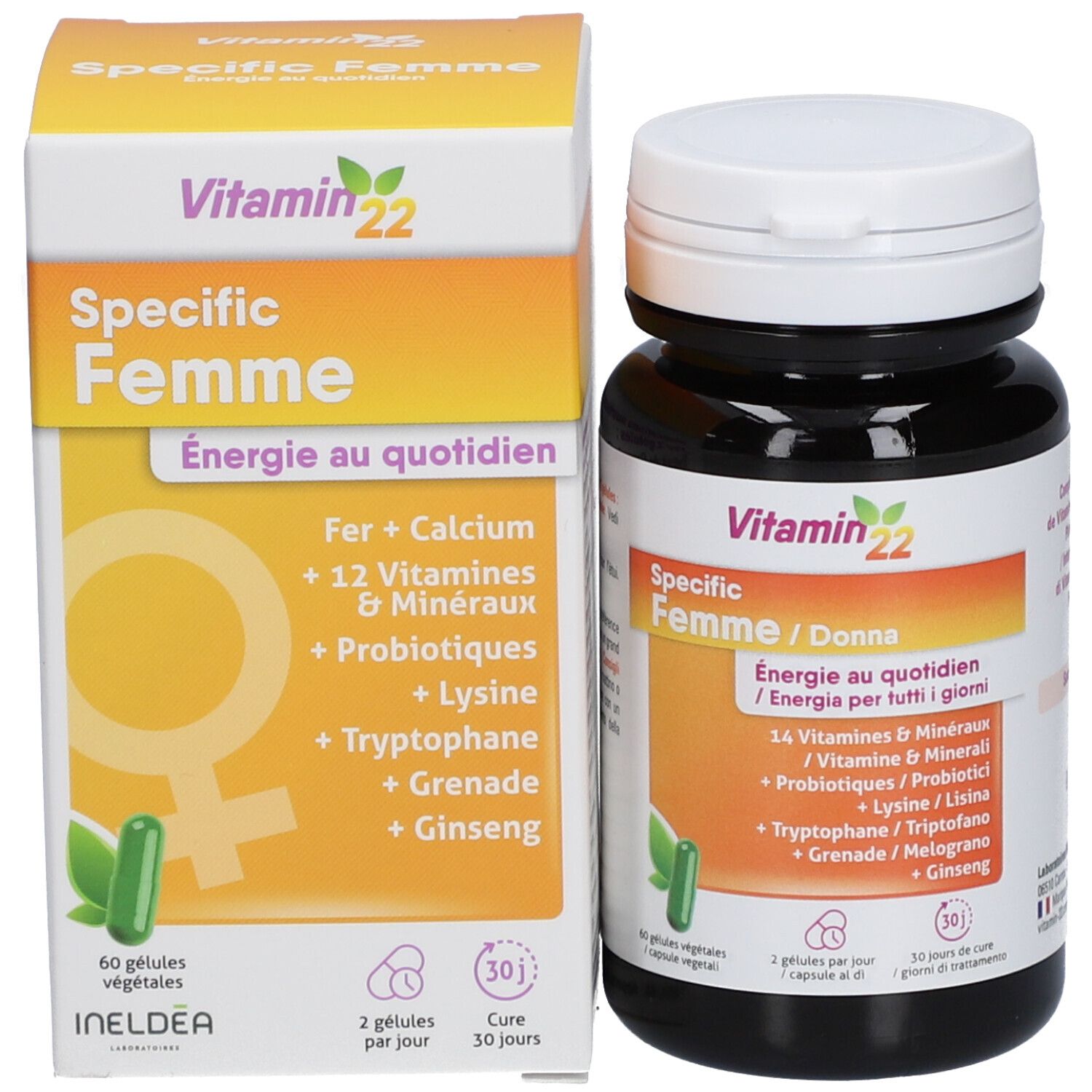 Vitamin 22 Specific Femme. Flacon et boîte. Contient 60 gélules. Ingrédients : fer, calcium, vitamines et minéraux.