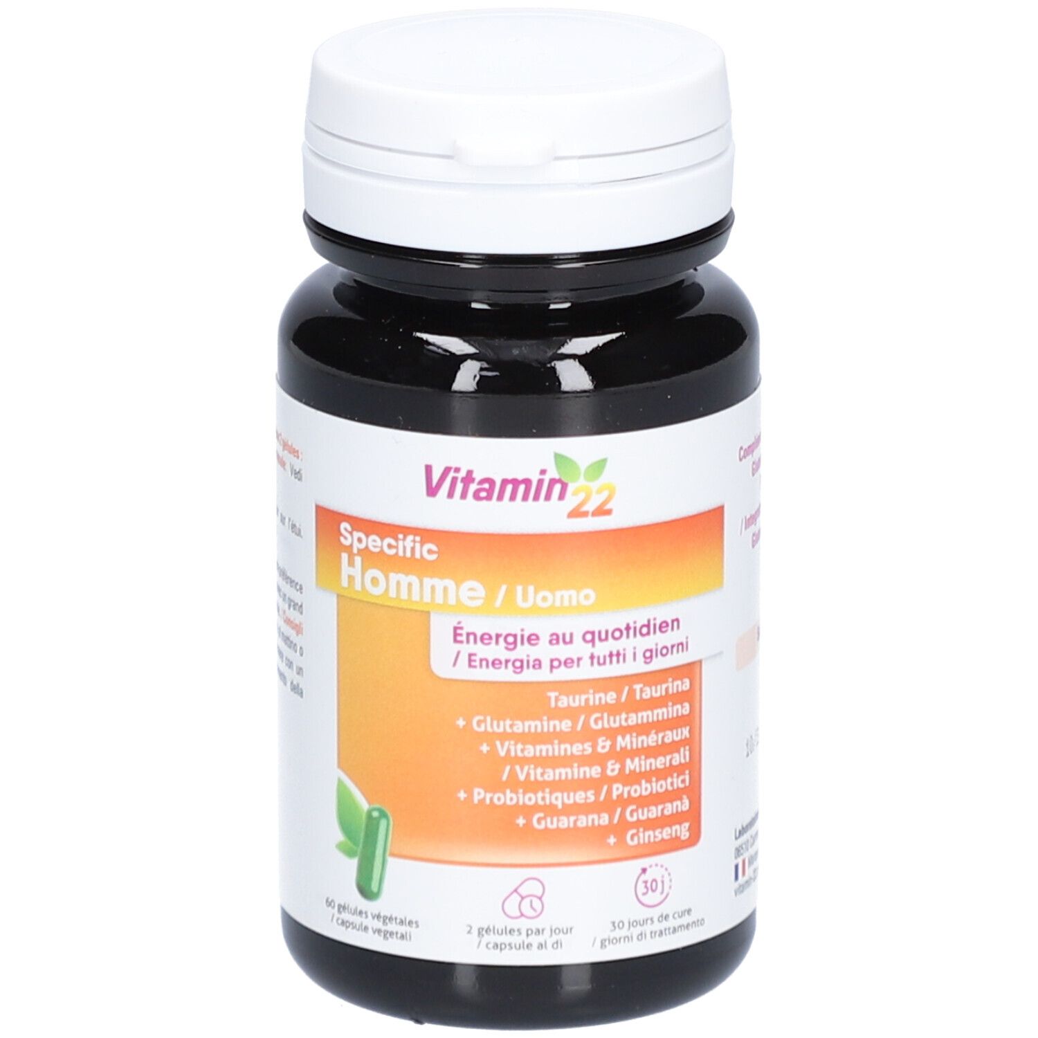 Vitamin22 Specific Homme, gélules. Flacon noir avec bouchon blanc. Contient taurine, glutamine, vitamines, minéraux, probiotiques, ginseng et guarana.