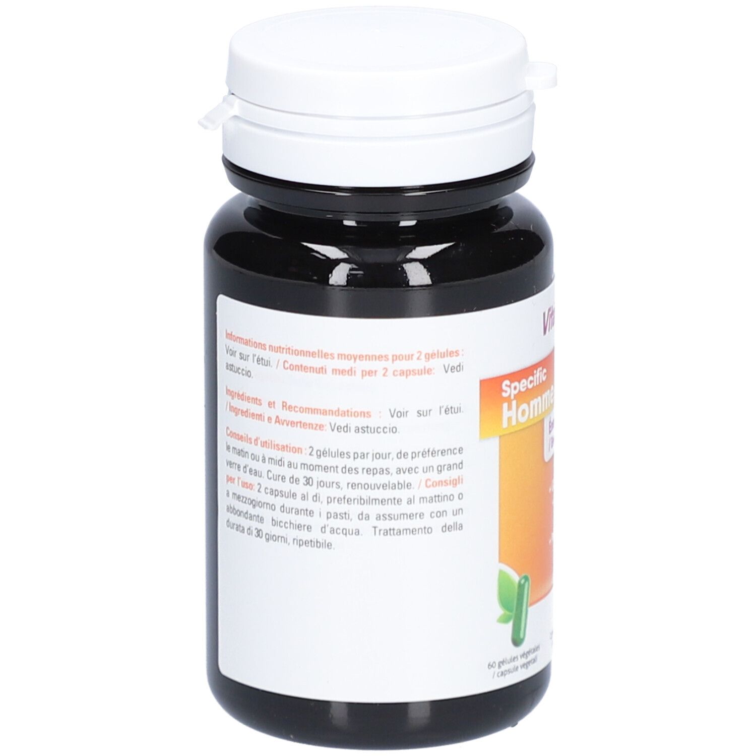 Vitamin22 Specific Homme, gélules. Dos du flacon avec informations sur les ingrédients et l'utilisation.