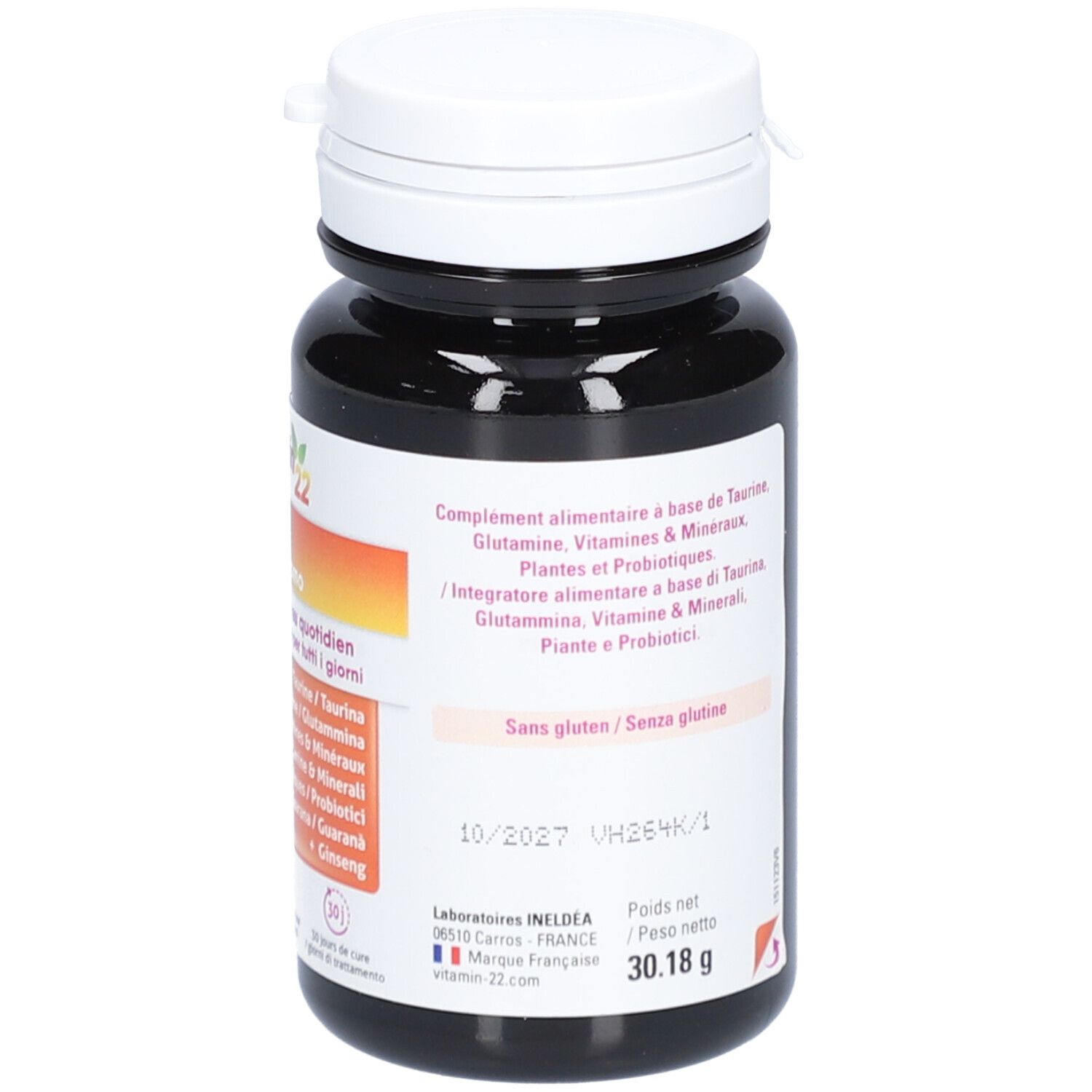 Vitamin22 Specific Homme, gélules. Dos du flacon avec informations sur les ingrédients et l'utilisation.