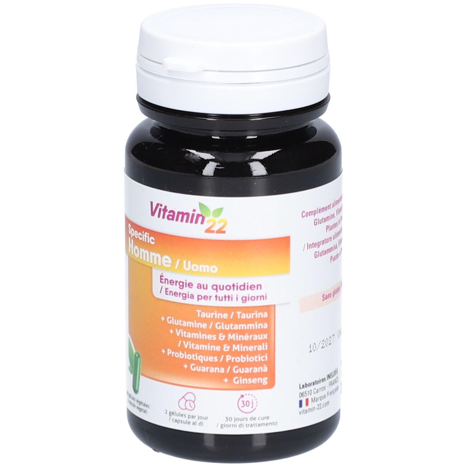 Vitamin22 Specific Homme, gélules. Flacon avec bouchon blanc. Contient taurine, glutamine, vitamines, minéraux, probiotiques, ginseng et guarana.
