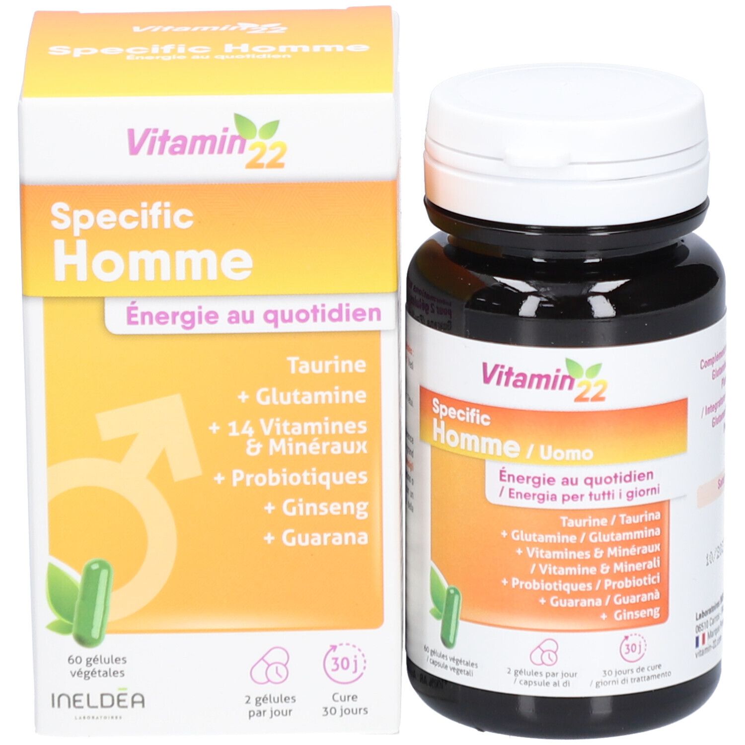 Vitamin22 Specific Homme, gélules et boîte. Contient taurine, glutamine, vitamines, minéraux, probiotiques, ginseng et guarana.