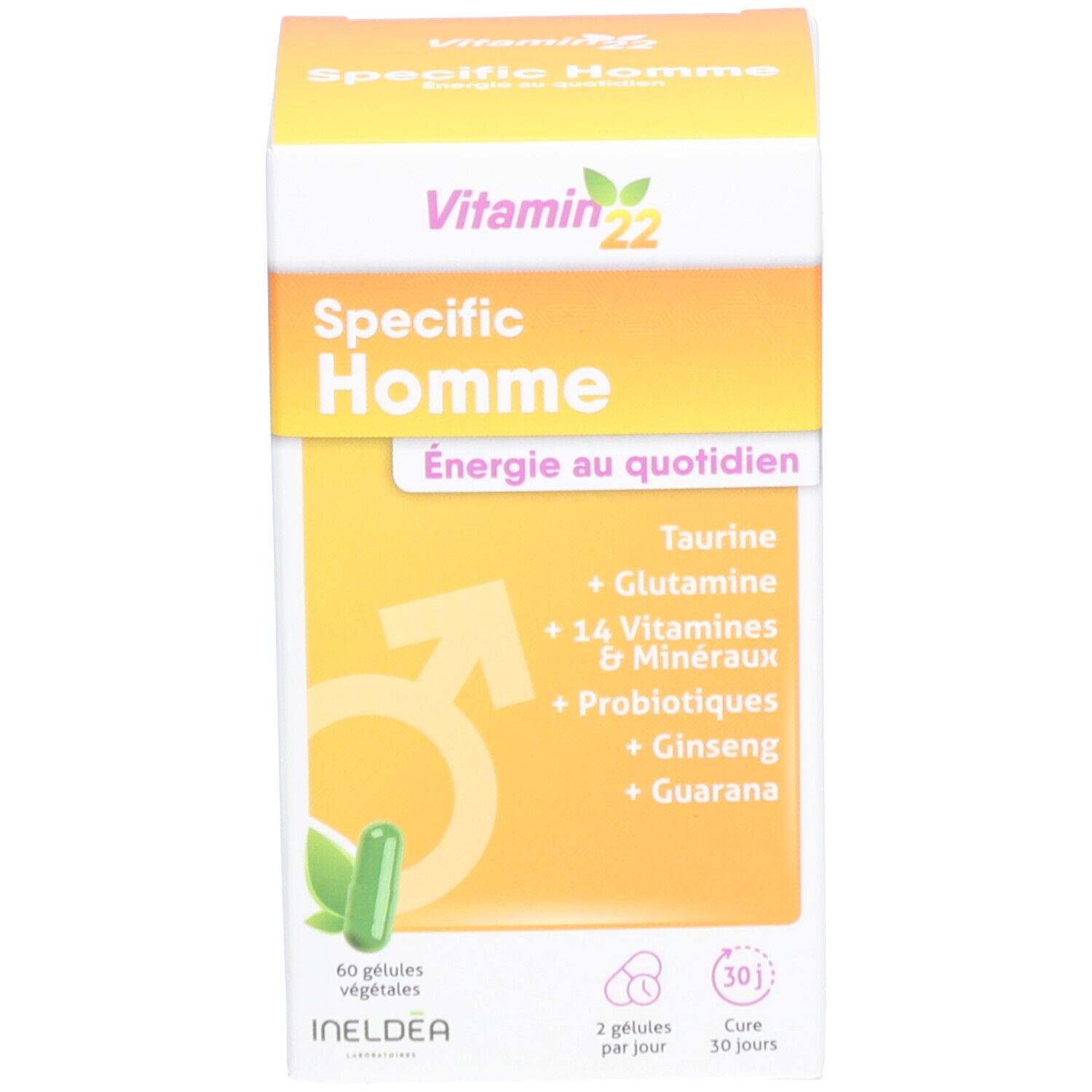 Vitamin22 Specific Homme, emballage. Contient taurine, glutamine, vitamines, minéraux, probiotiques, ginseng et guarana.