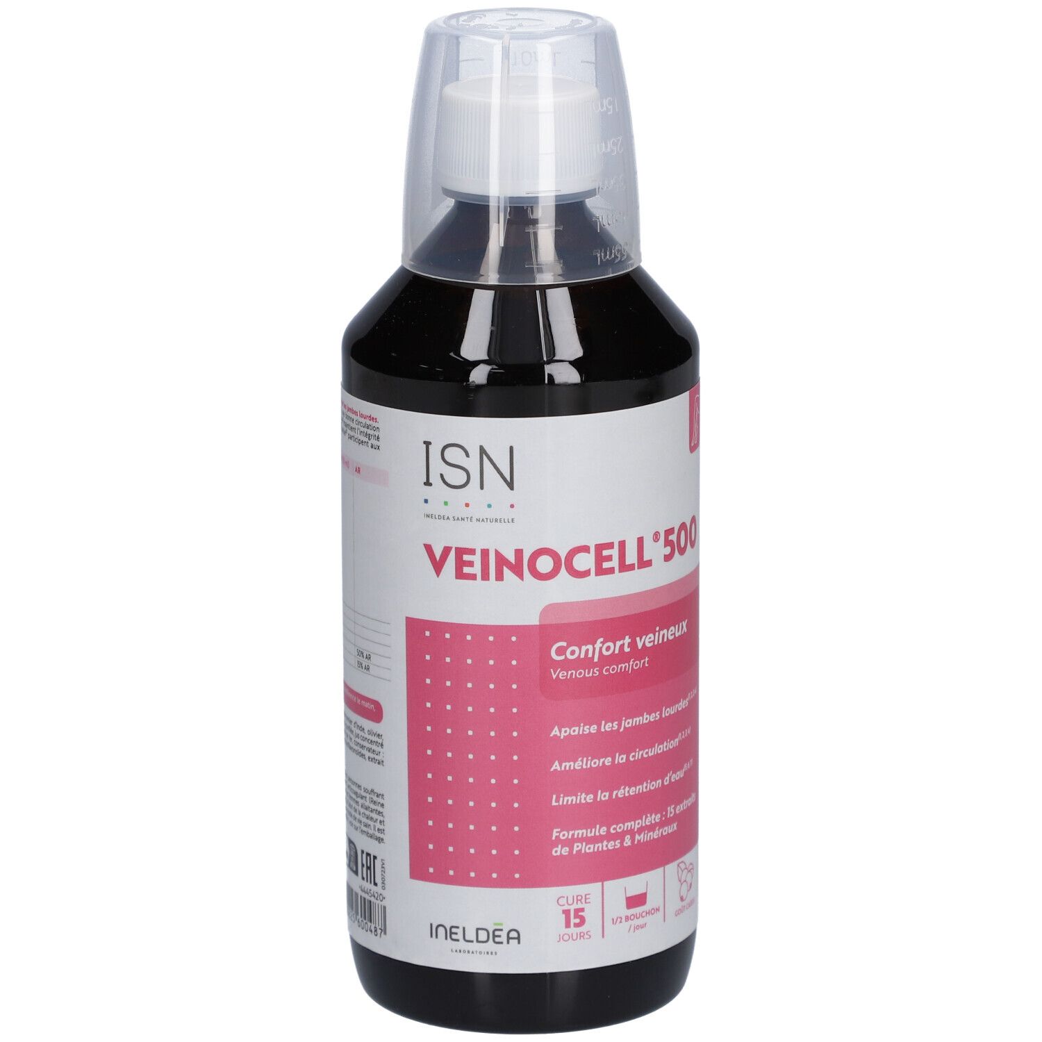 Flacon de Veinocell 500. Liquide brun foncé, bouchon blanc. Logo ISN. Étiquette rose.