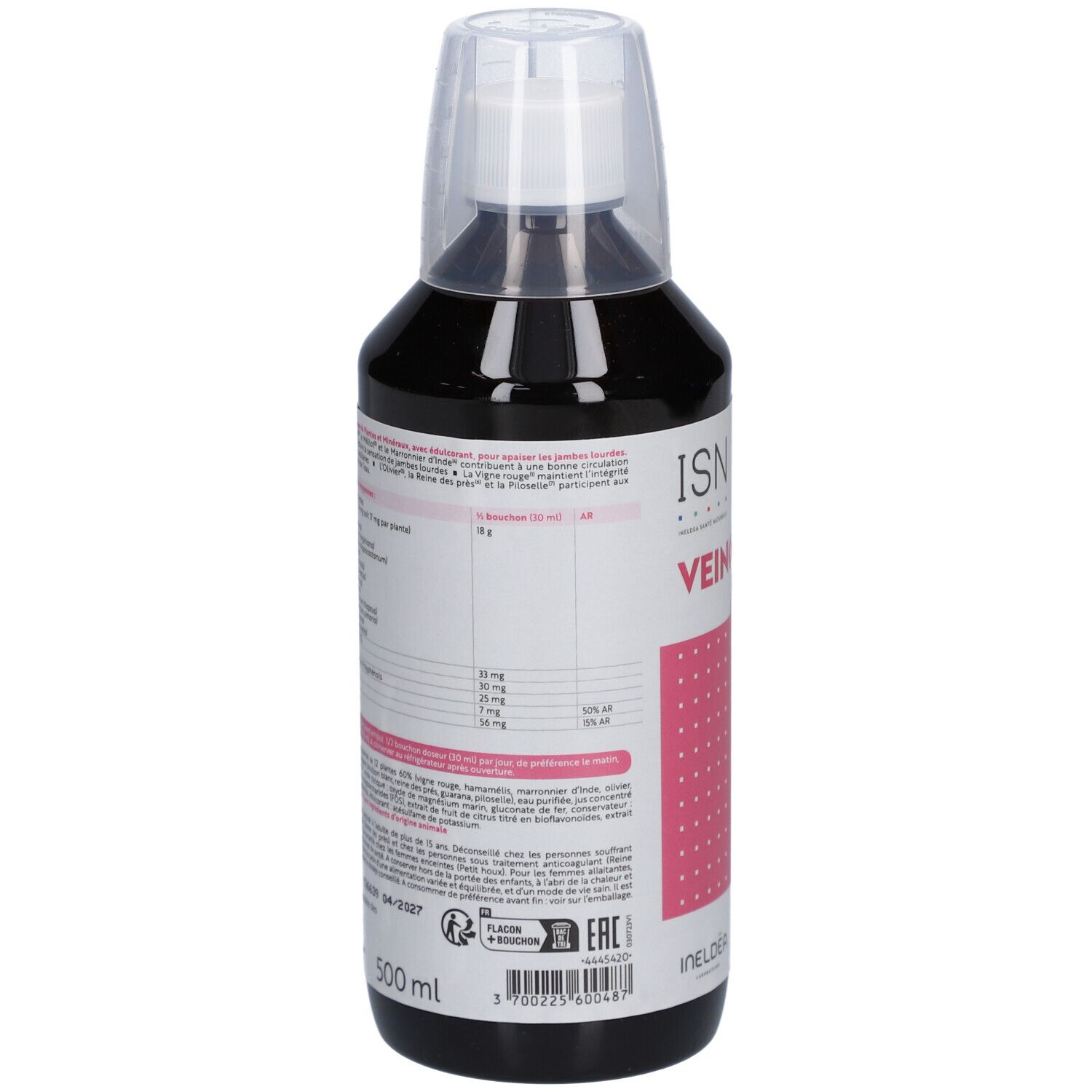Flacon Veinocell 500, dos avec ingrédients et informations nutritionnelles. 500 ml.