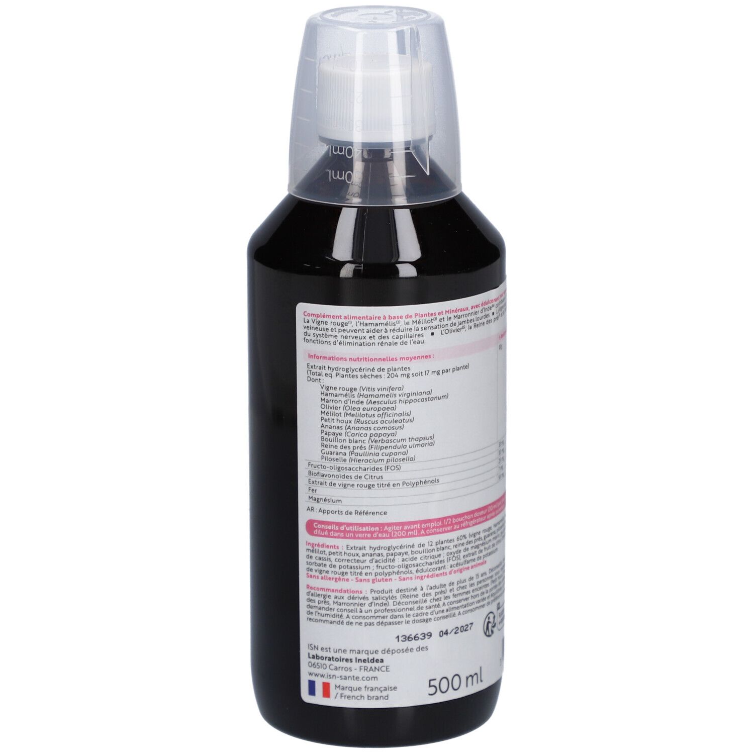 Flacon Veinocell 500, dos avec ingrédients et posologie. 500 ml.