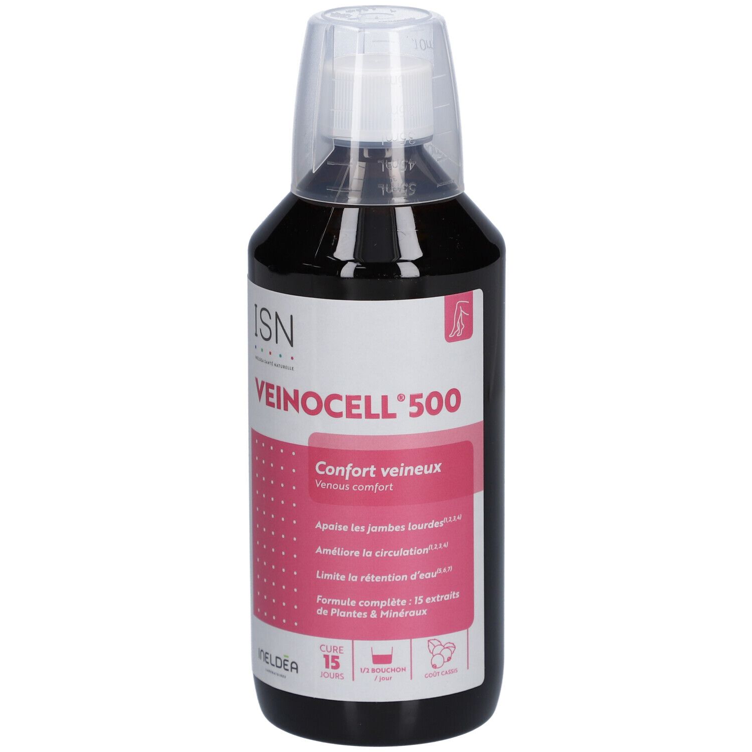 Flacon de Veinocell 500. Liquide brun foncé, bouchon blanc. Logo ISN. Étiquette rose.