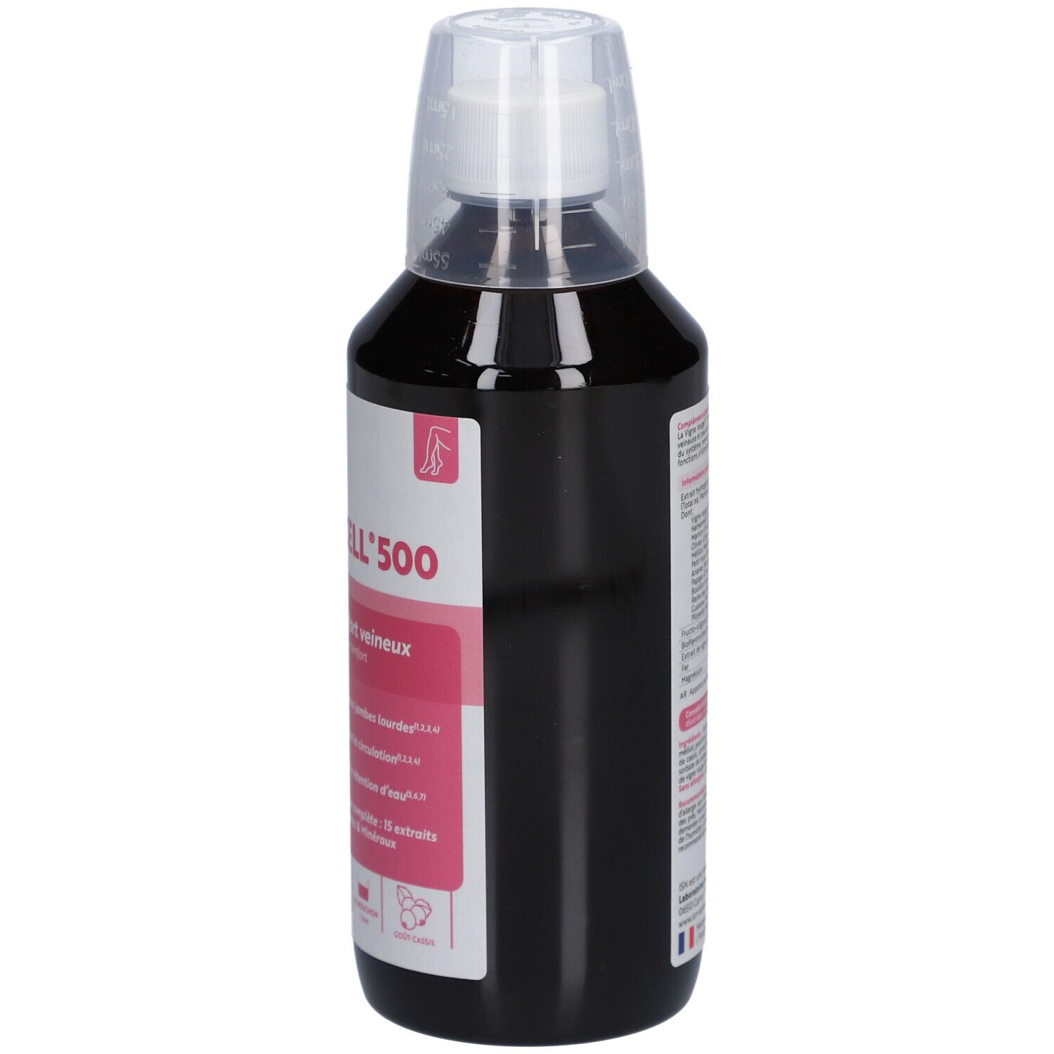 Flacon de Veinocell 500. Liquide brun foncé, bouchon blanc. Logo ISN. Étiquette rose.
