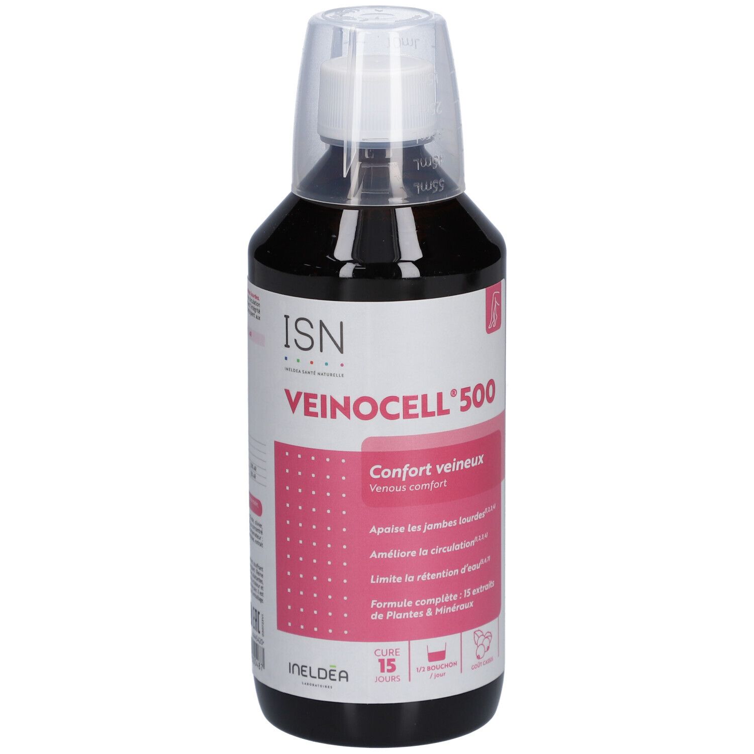 Flacon de Veinocell 500. Liquide brun foncé, bouchon blanc. Logo ISN. Étiquette rose.