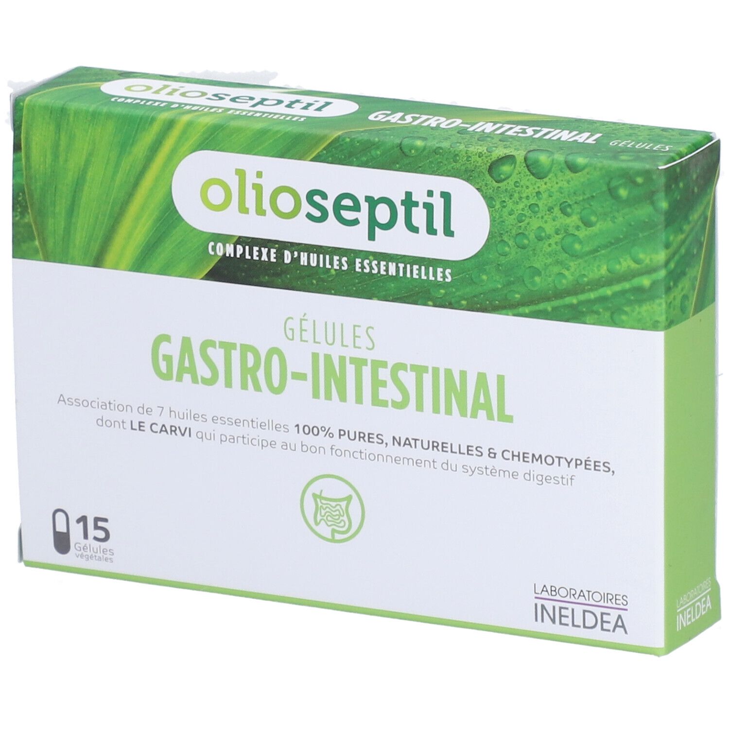 Boîte de gélules OLIOSEPTIL Gastro-Intestinal. Nom et logo du produit clairement visibles.
