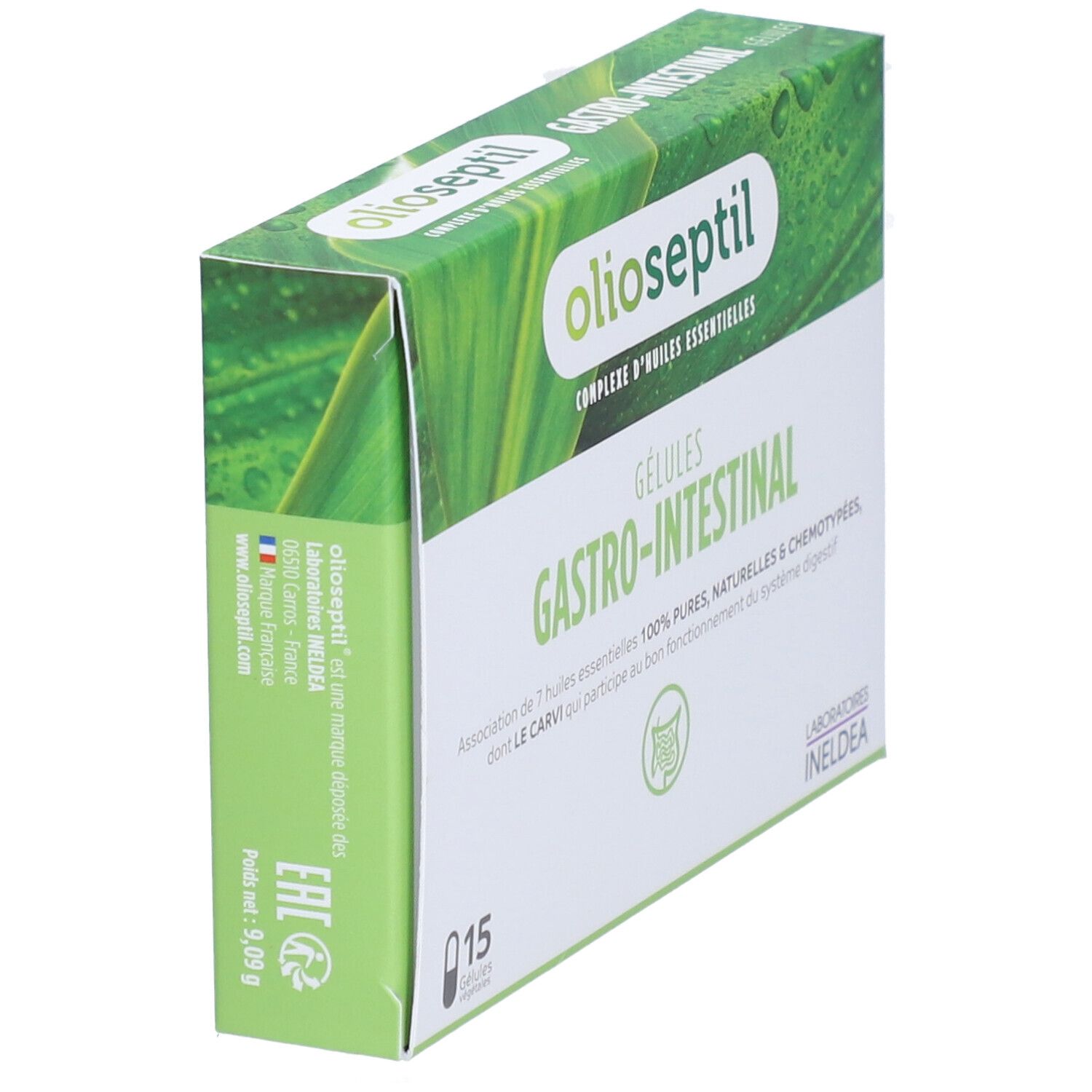 Boîte de gélules OLIOSEPTIL Gastro-Intestinal. Vue latérale, nom et logo du produit visibles.
