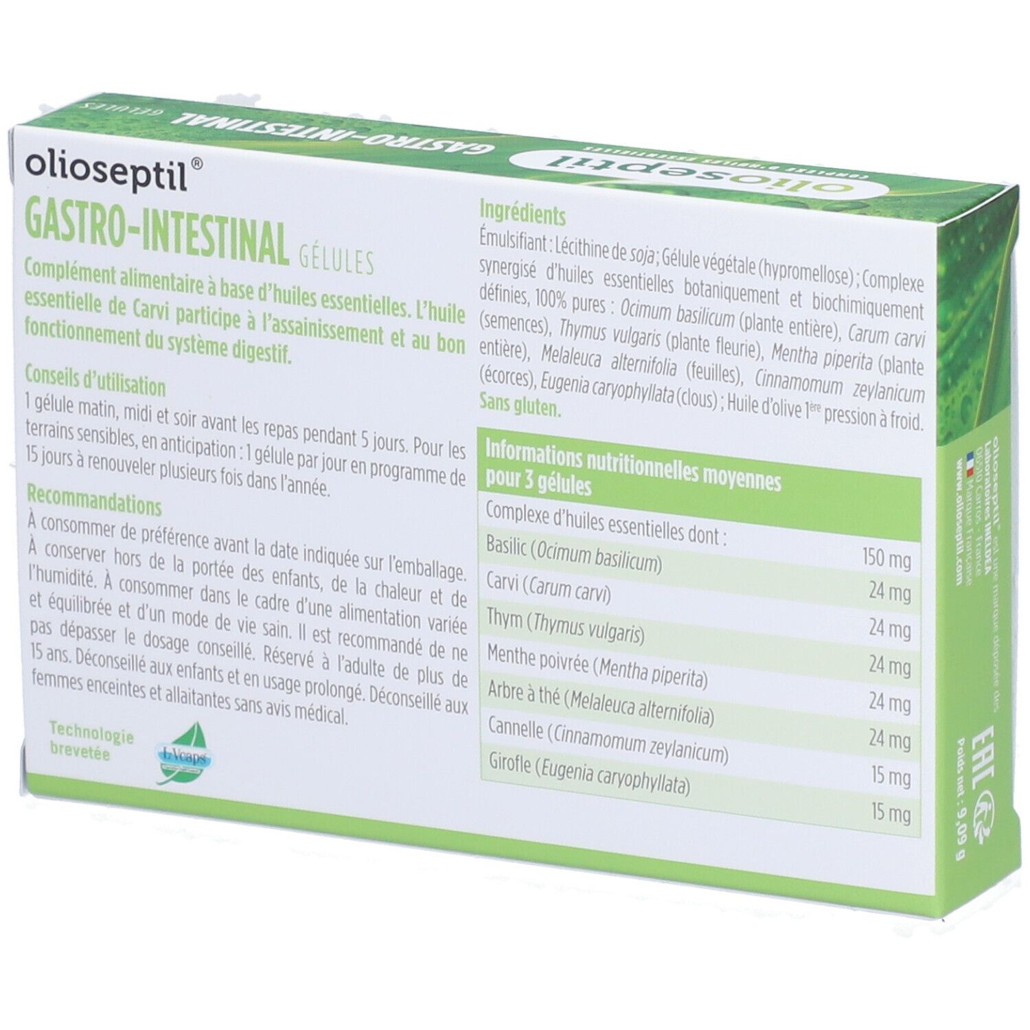 Dos de l'emballage des gélules OLIOSEPTIL Gastro-Intestinal. Liste des ingrédients et informations.