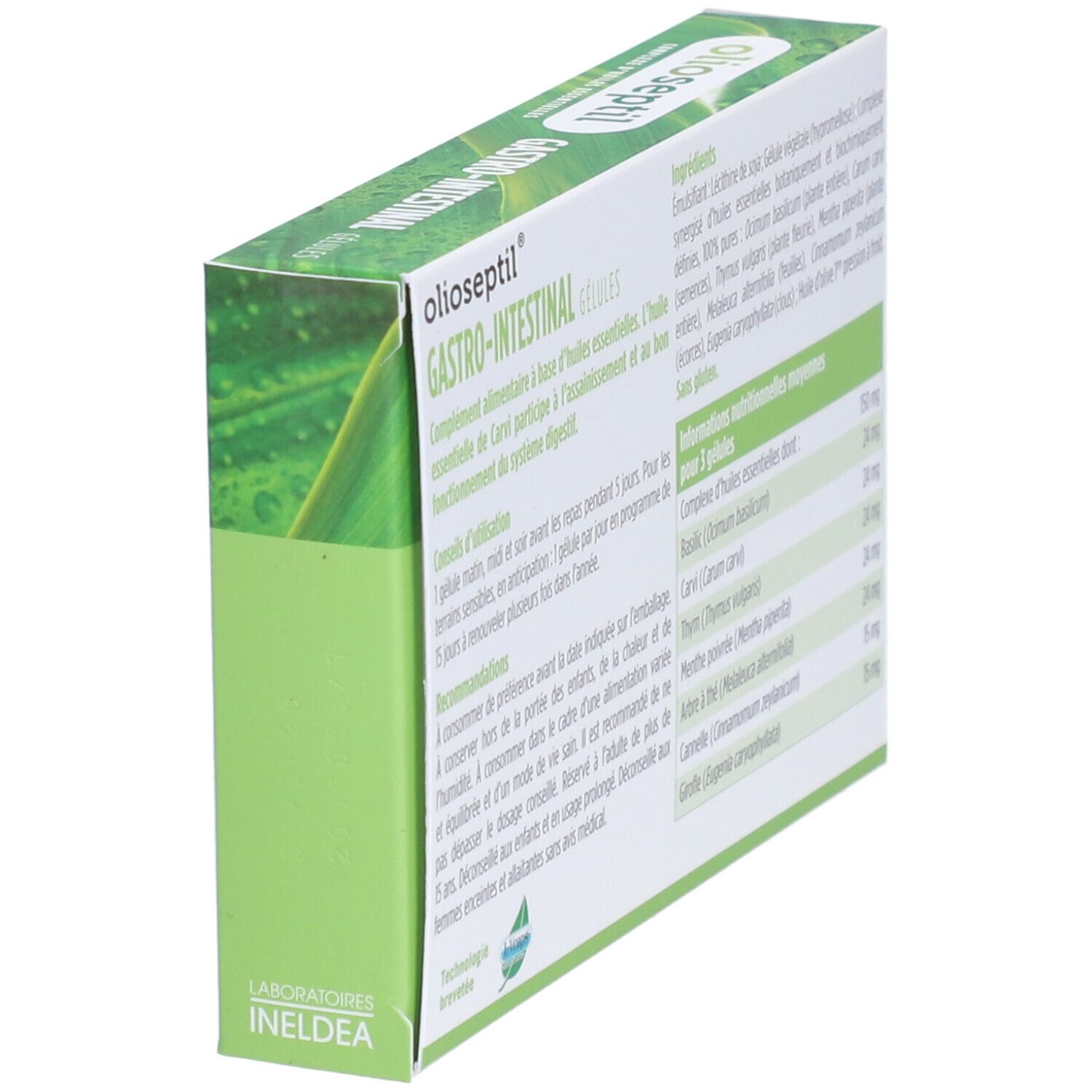 Vue latérale de l'emballage des gélules OLIOSEPTIL Gastro-Intestinal. Ingrédients et informations.
