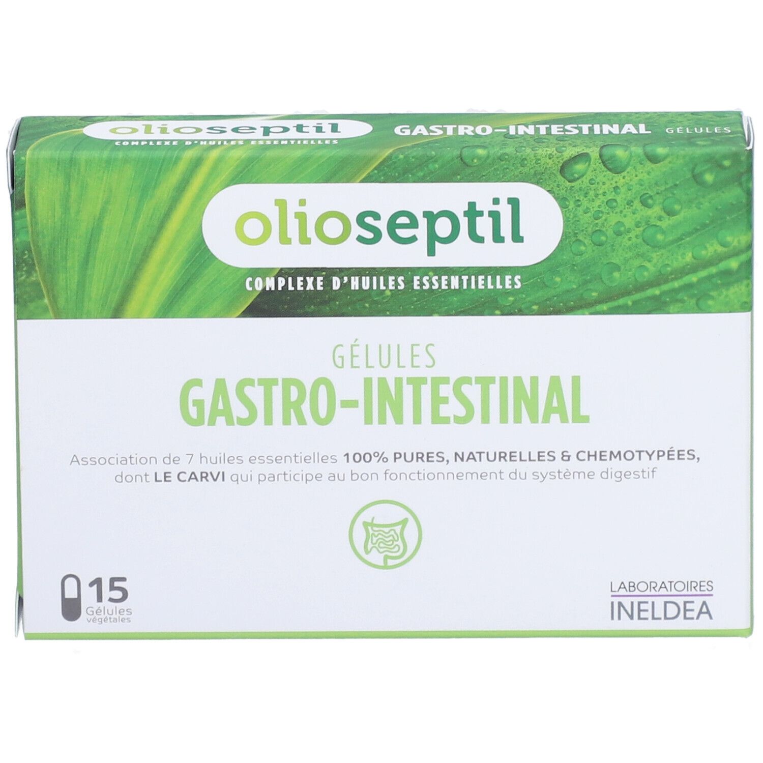 Gros plan sur l'emballage des gélules OLIOSEPTIL Gastro-Intestinal. Nom et logo visibles.