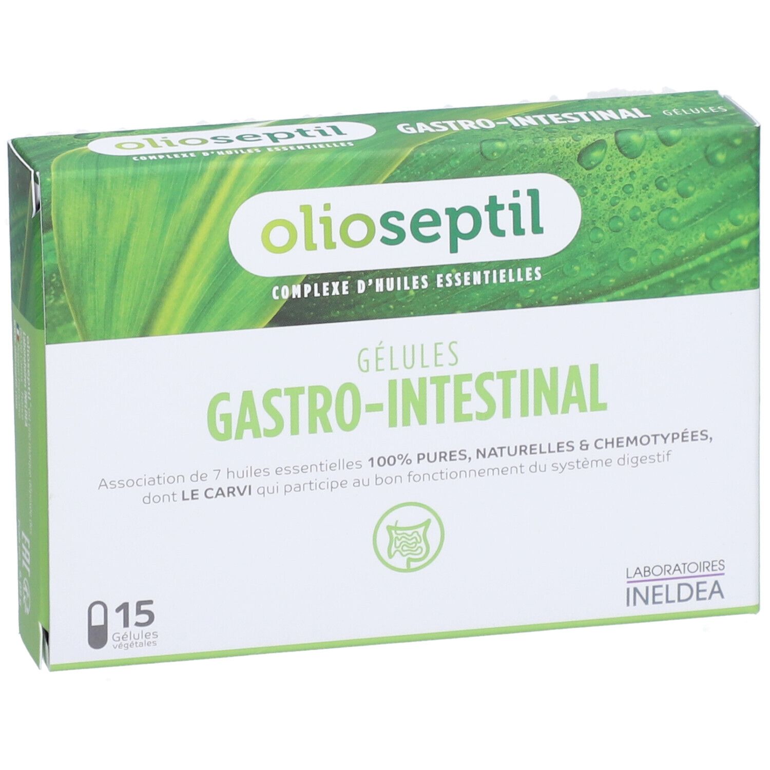 Boîte de gélules OLIOSEPTIL Gastro-Intestinal. Nom et logo du produit clairement visibles.