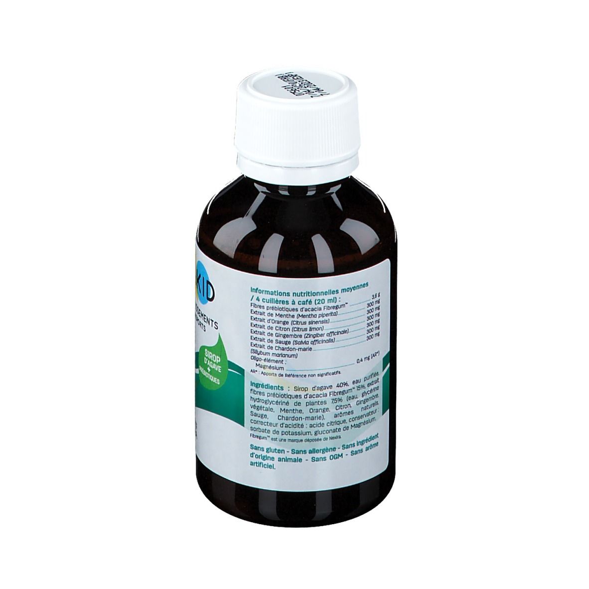 Dos du flacon PEDIAKID. Informations sur les ingrédients et les valeurs nutritionnelles.