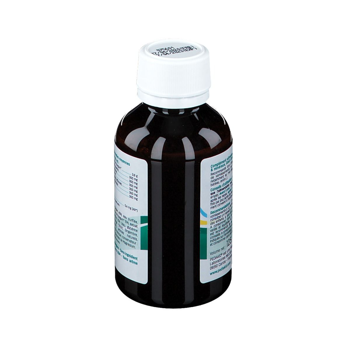 Dos du flacon PEDIAKID. Informations sur les ingrédients et les valeurs nutritionnelles.