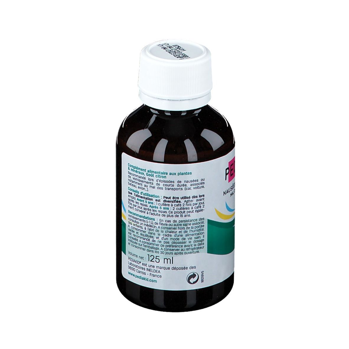 Dos du flacon PEDIAKID. Informations sur l'utilisation et le dosage. 125 ml.