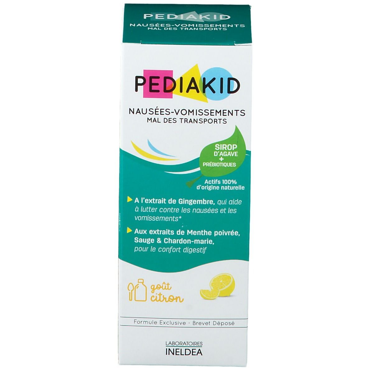 Emballage PEDIAKID. Contre nausées et mal des transports. Sirop d'agave et prébiotiques. Goût citron.