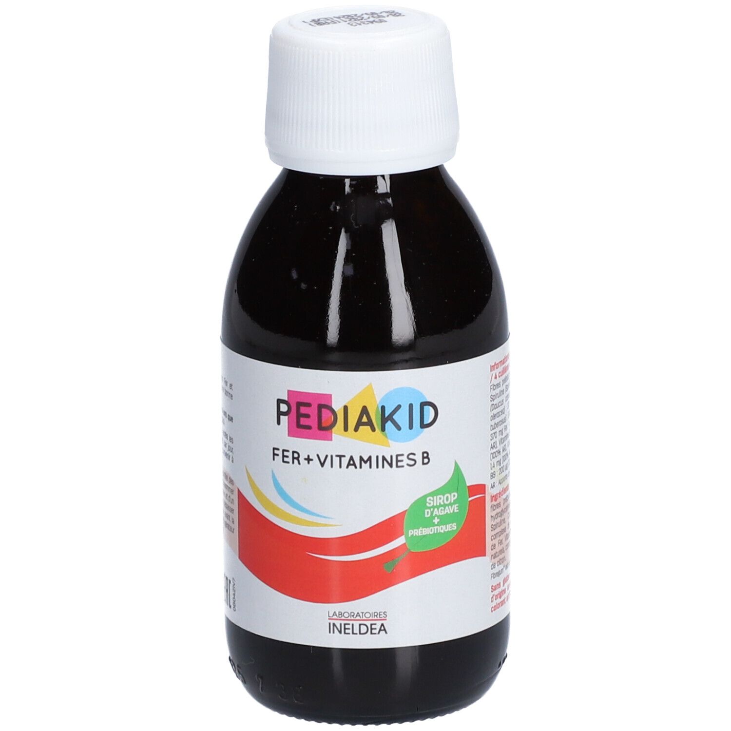 Flacon Pediakid Fer + Vitamines B. Inscription : Fer + Vitamines B. Autocollant vert. Bouchon blanc.