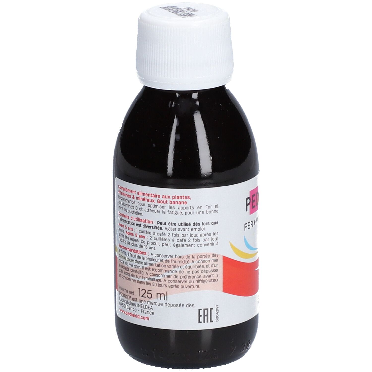 Flacon Pediakid Fer + Vitamines B. Inscription : Fer + Vitamines B. Dos avec informations.