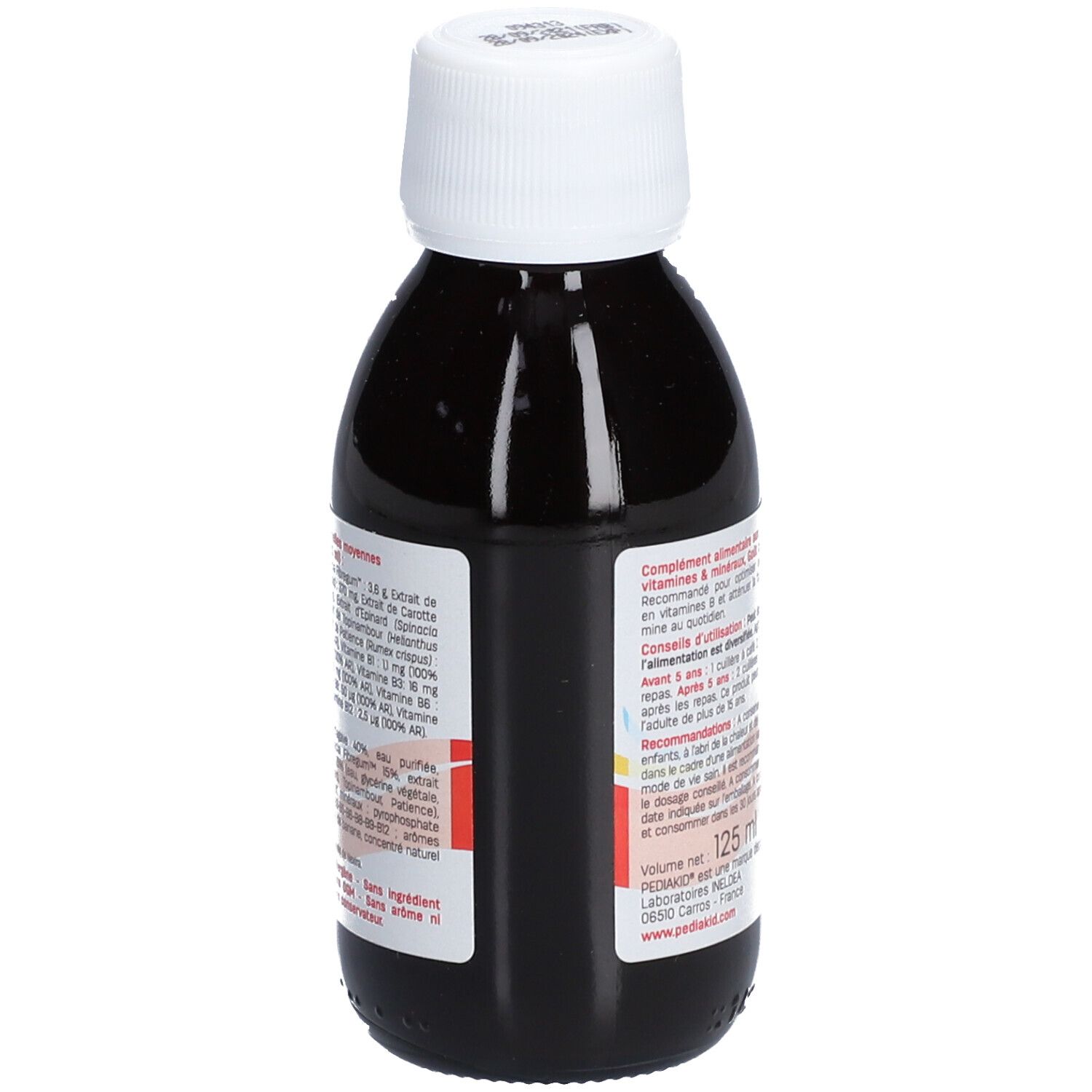 Flacon Pediakid Fer + Vitamines B. Inscription : Fer + Vitamines B. Dos avec informations.