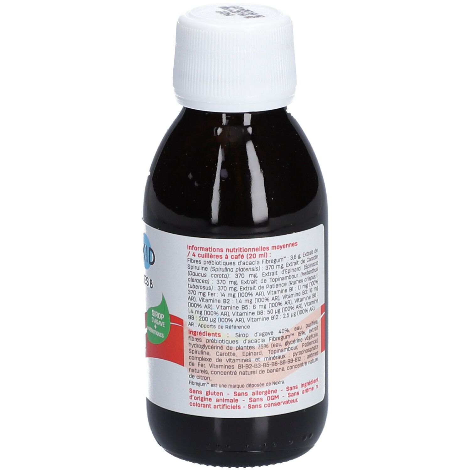 Flacon Pediakid Fer + Vitamines B. Inscription : Fer + Vitamines B. Dos avec informations.