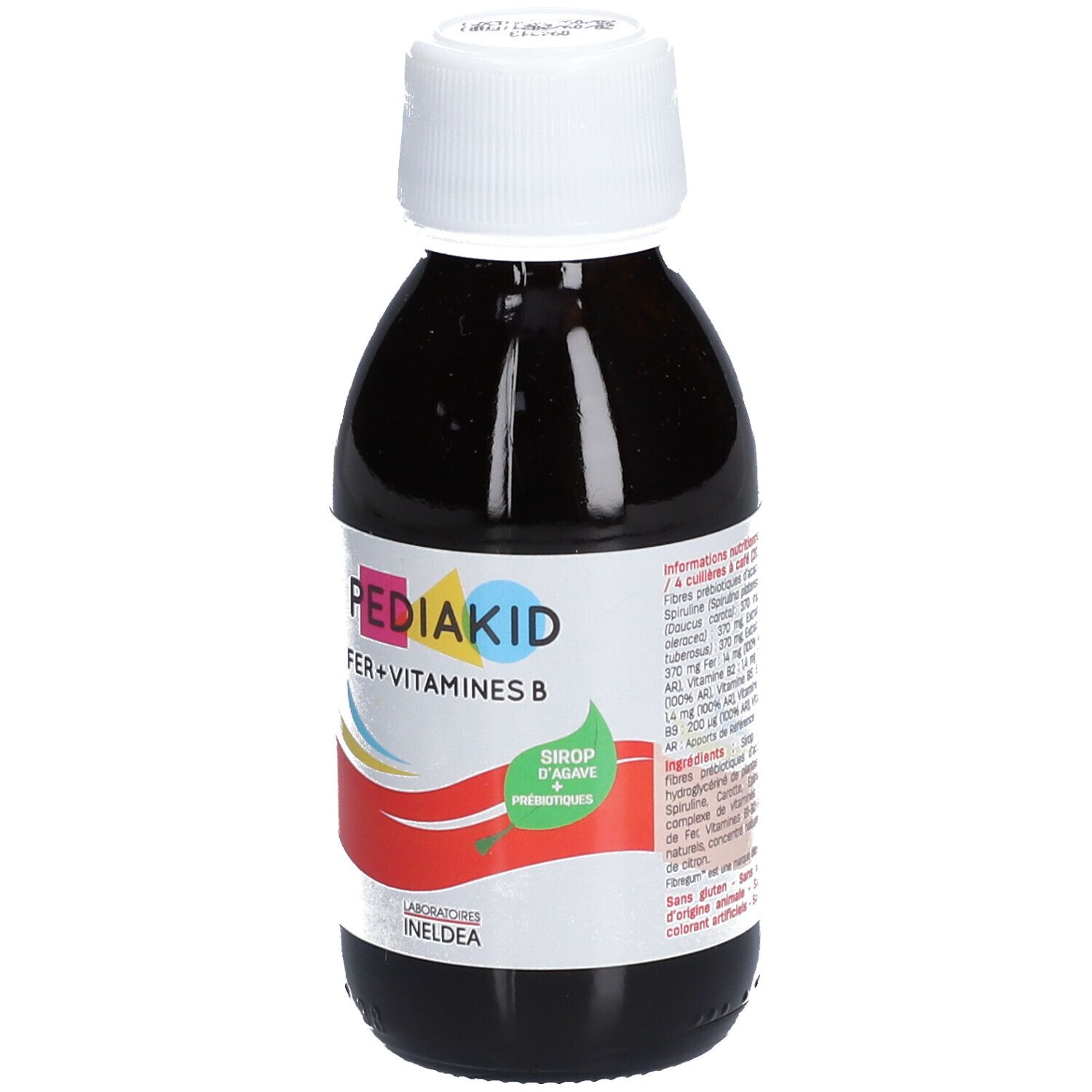 Flacon Pediakid Fer + Vitamines B. Inscription : Fer + Vitamines B. Autocollant vert. Bouchon blanc.