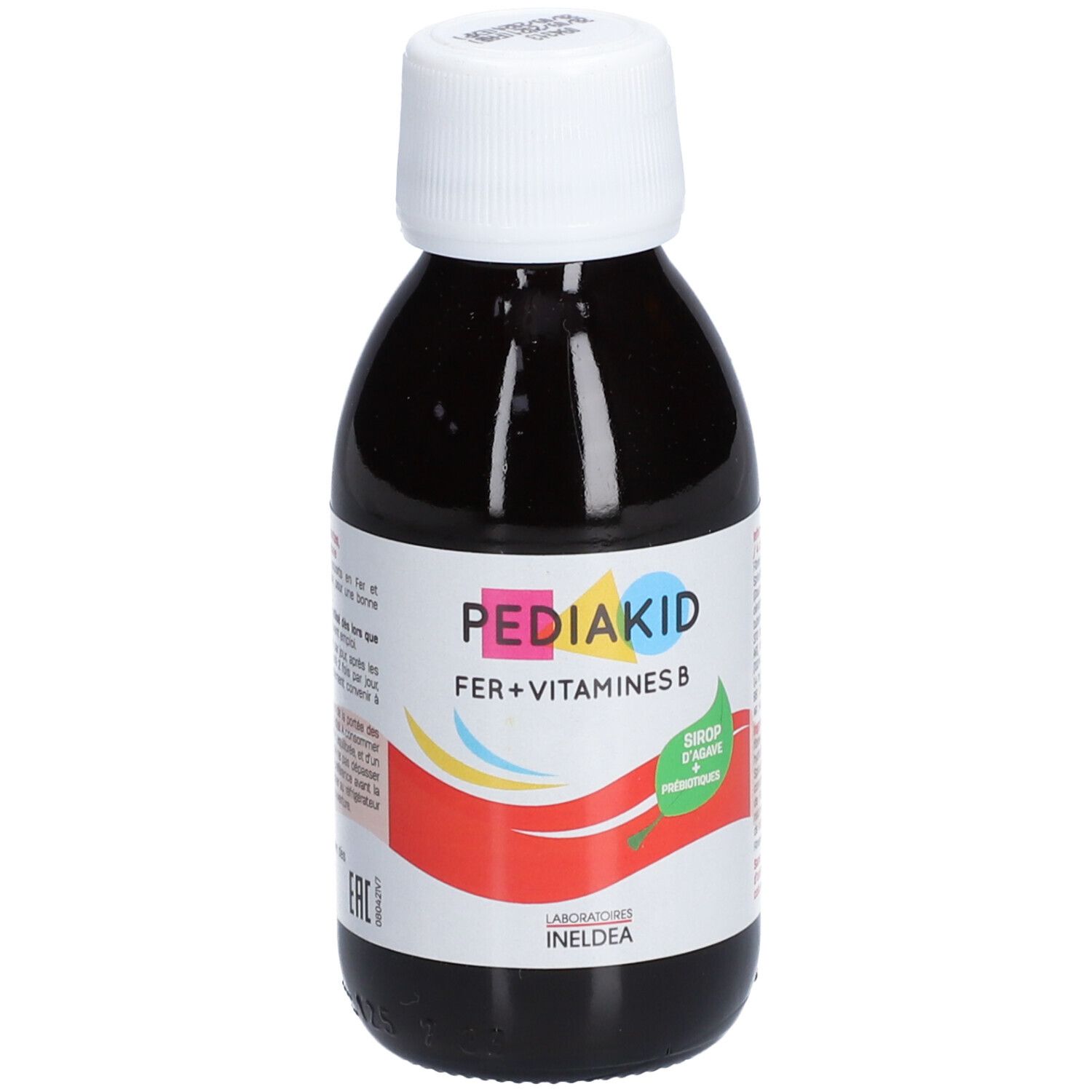 Flacon Pediakid Fer + Vitamines B. Inscription : Fer + Vitamines B. Autocollant vert. Bouchon blanc.