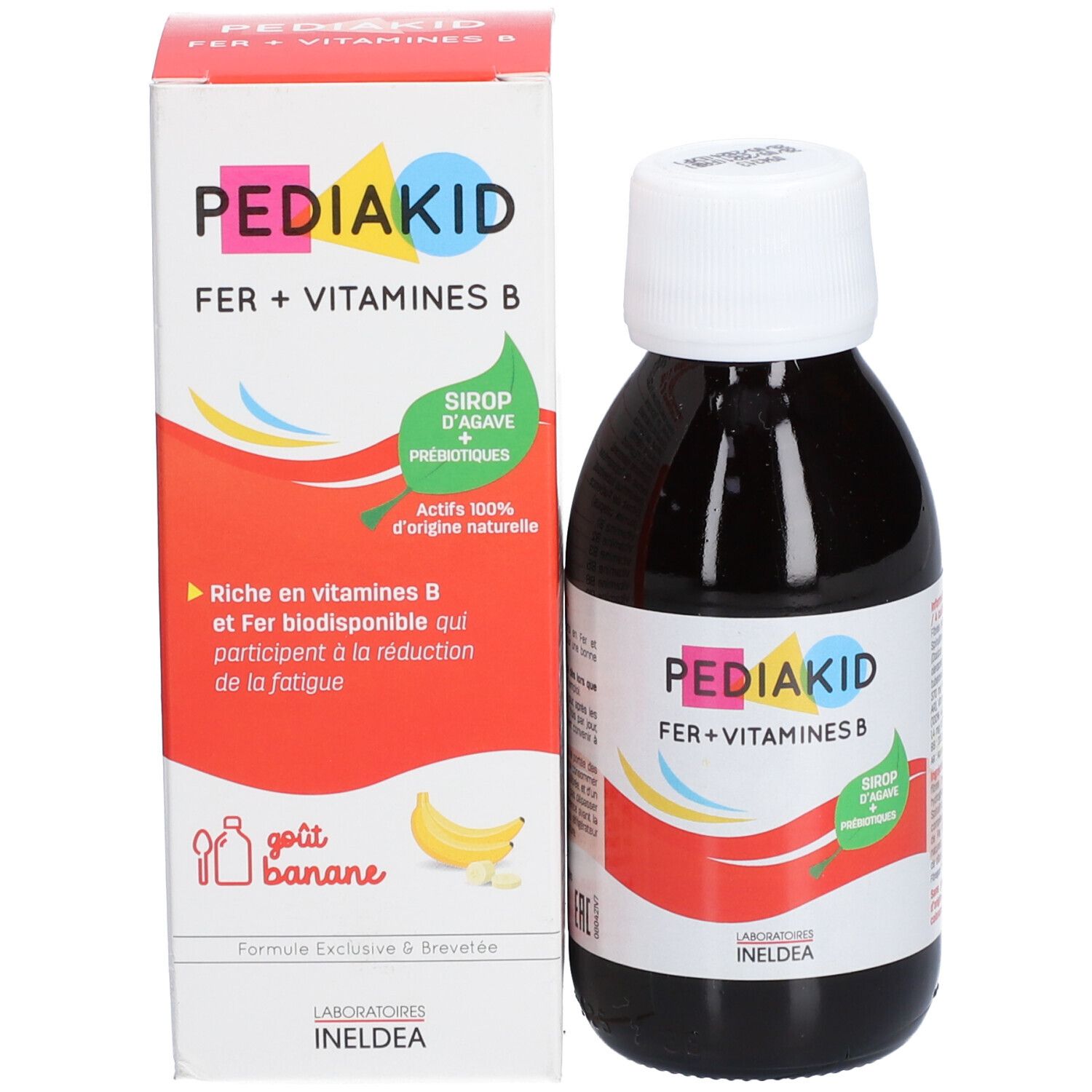 Boîte et flacon Pediakid Fer + Vitamines B. Inscription : Fer + Vitamines B, goût banane.